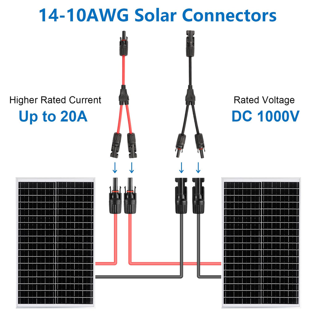2 Pairs Solar Connectors Y Branch Parallel Adapter 10AWG 20A Y-Branch Wire Plug Tool Kit for Solar Panel(M/FF+F/MM)