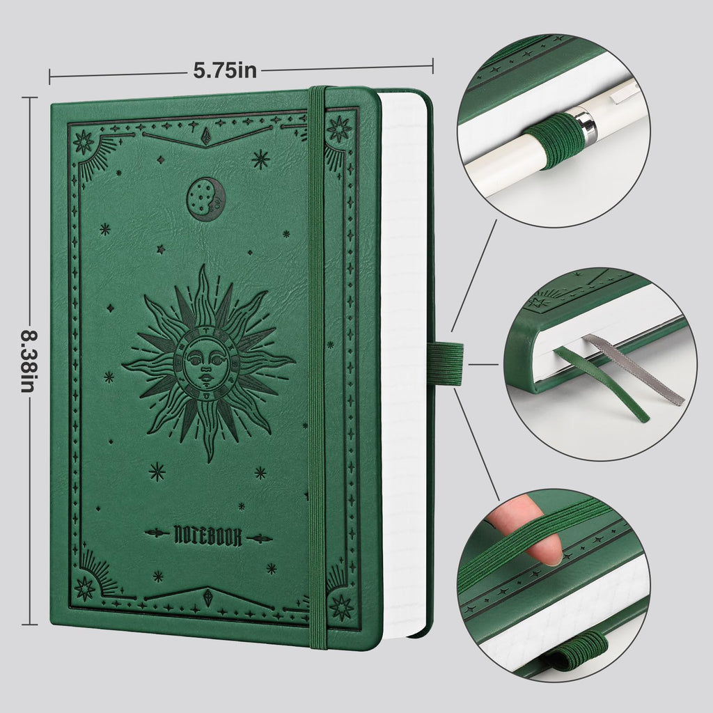 EMSHOI Lined Journal Notebook, 320 Numbered Pages, A5 College Ruled Notebook, with 100 GSM Thick Paper, Hardcover Leather, Contents, Stickers, Inner Pocket, Pen Holder, 5.75 x 8.38-Dark Green