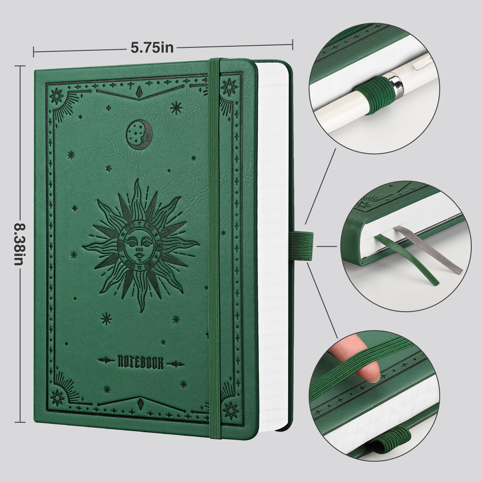 EMSHOI Lined Journal Notebook, 320 Numbered Pages, A5 College Ruled Notebook, with 100 GSM Thick Paper, Hardcover Leather, Contents, Stickers, Inner Pocket, Pen Holder, 5.75 x 8.38-Dark Green
