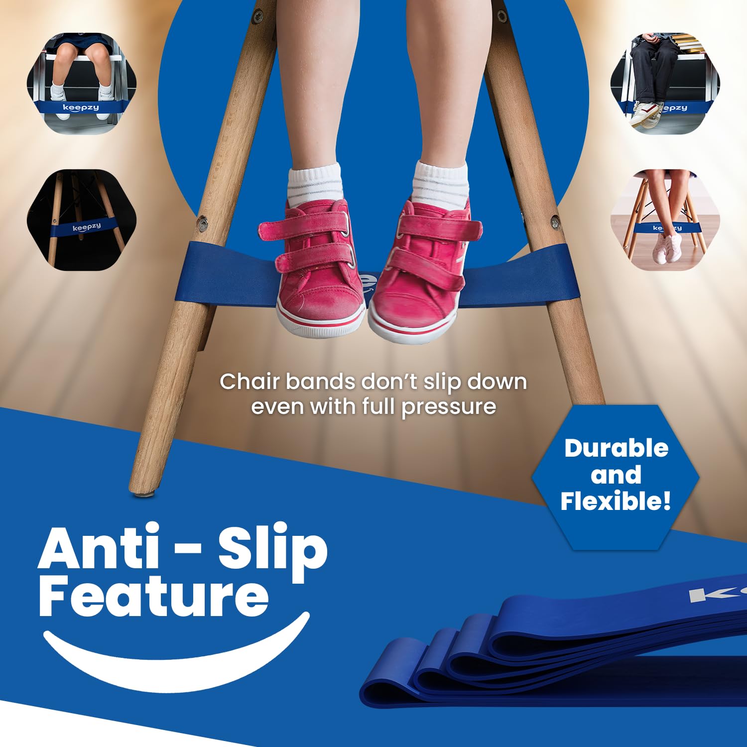 4 Pack Chair Bands, Anti Slip Chair Bands for Kids with Fidgety Feet, Fidget Bands for Classroom Chairs, Desk Bands for Chairs, Chair Rubber Bands, Friendly & Durable Latex