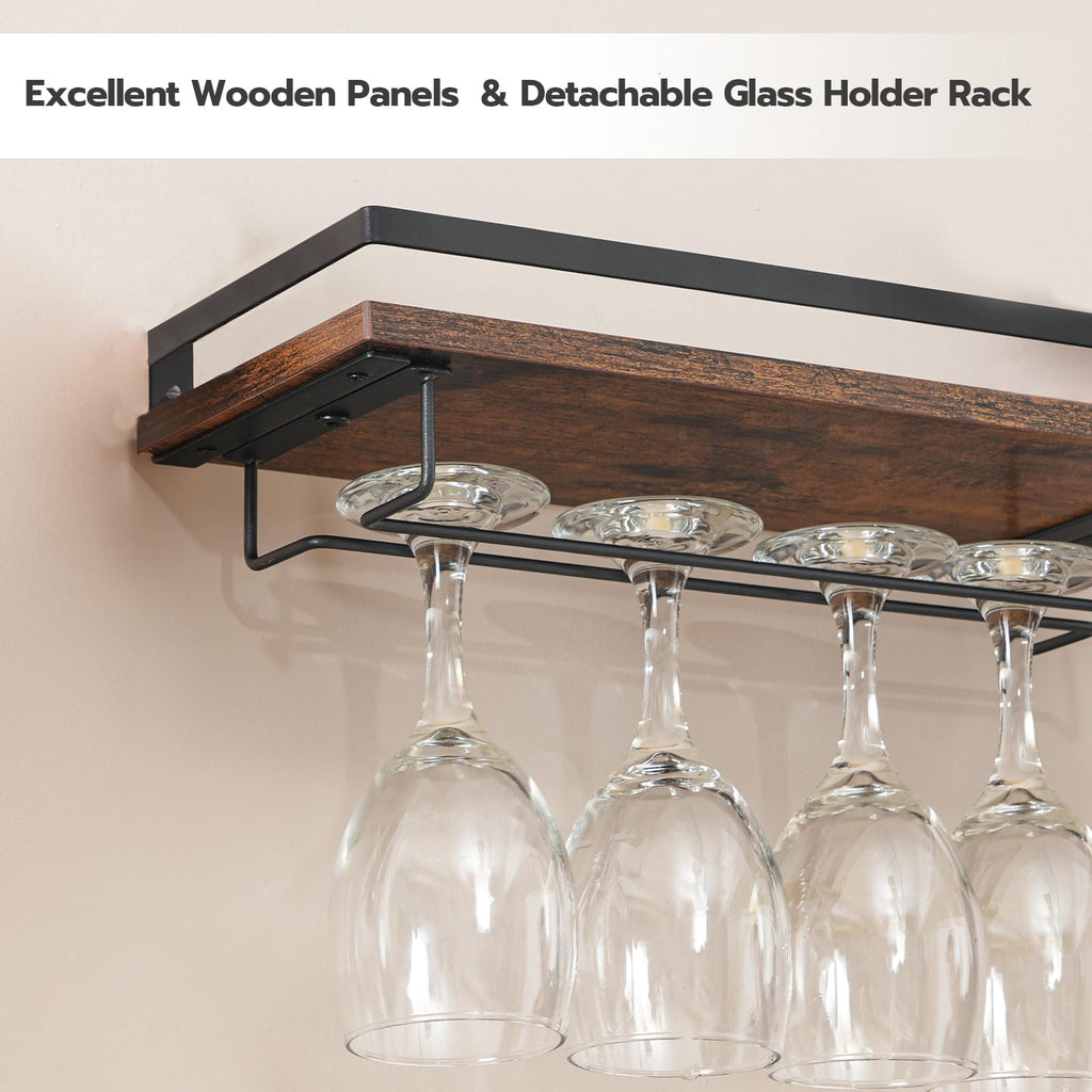 HOOBRO Wine Rack Wall Mounted 3 Pack, Wine Shelf Hanging Floating Wall Shelves, Wine Glass Bottle Rack Stemware Holder, for Living Room, Dining Room, Kitchen, Rustic Brown and Black BF34BJ01