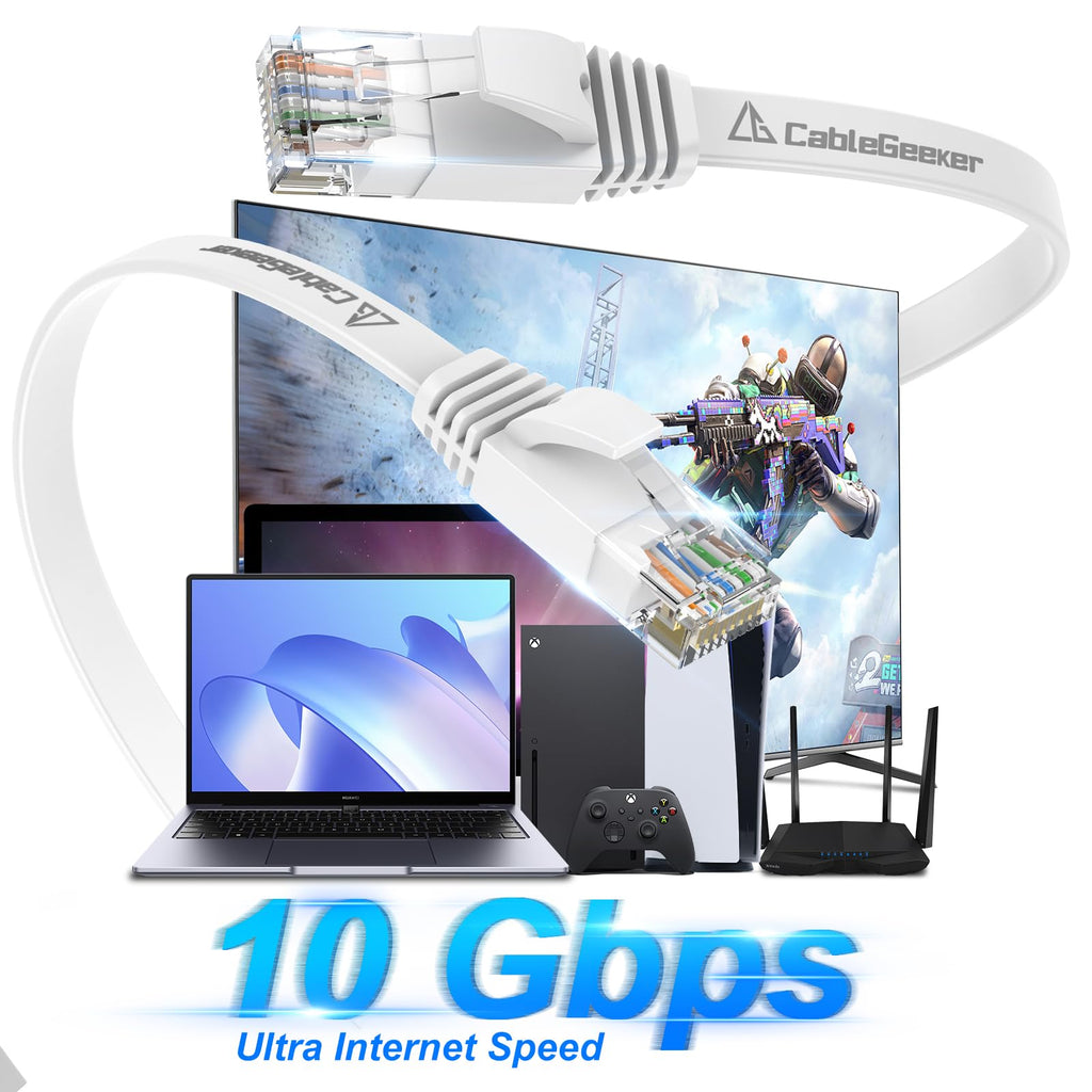 Cat 6 Ethernet Cable 100ft - High Speed 10Gbps, Indoor&Outdoor, Slim Flat Design, Supports Cat7 Network - for Router, Modem, PS4/5, Xbox - White, Weatherproof, Includes 35 Clips & 4 Straps