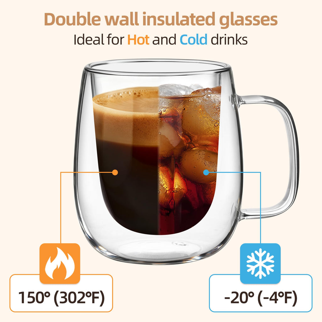Yopinmall 12OZ Glass Coffee Mug Set of 4 - Double Walled Mugs with Large Handle Iced/Hot Insulated Glasses Cup for Espresso Latte Cappuccino Americano Tea Dishwas Dishwasher Safe