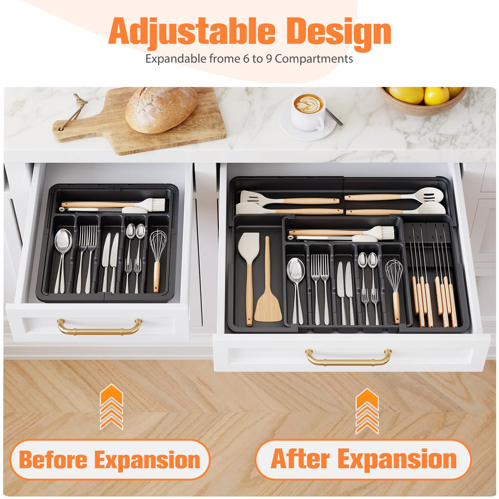 Ceecysaa Cutlery Organizer with 2 Removable Knife Blocks, Expandable Utensil Tray,Adjustable Cutlery Tray Drawer Organizer for Spoons, Knives, Kitchen Organizers and Storage,ABS,Black(6-9 Slots)