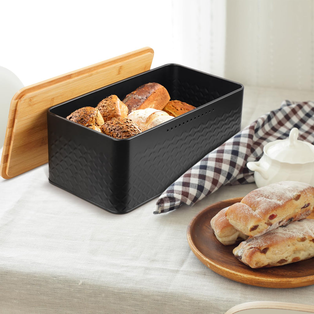 Pitmoly Bread Box, Metal Bread Container with Bamboo Lid, Bread Storage Container for Kitchen Countertop, Large Modern Bread Bin 13" x 7" x 5.3" (Black)