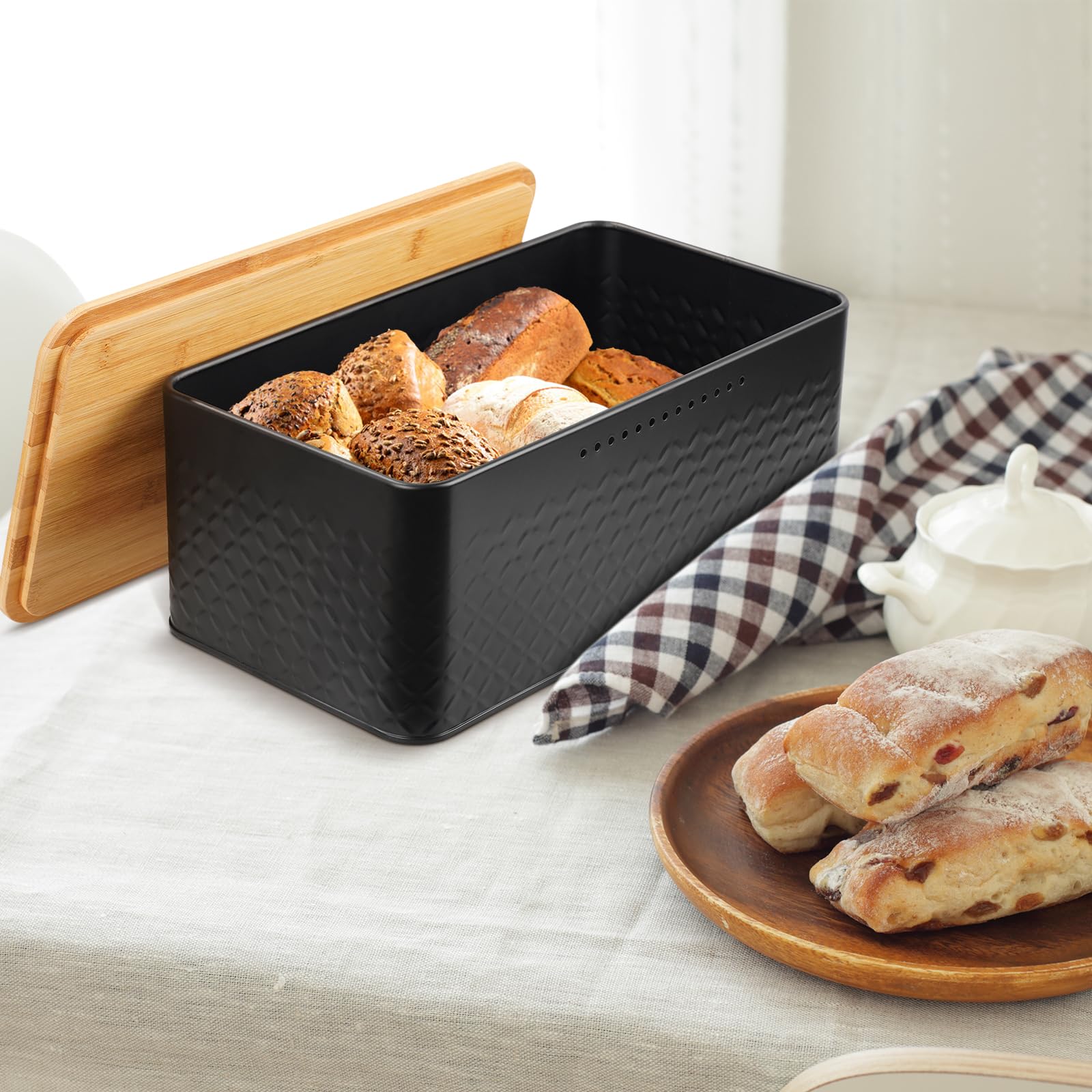 Pitmoly Bread Box, Metal Bread Container with Bamboo Lid, Bread Storage Container for Kitchen Countertop, Large Modern Bread Bin 13" x 7" x 5.3" (Black)