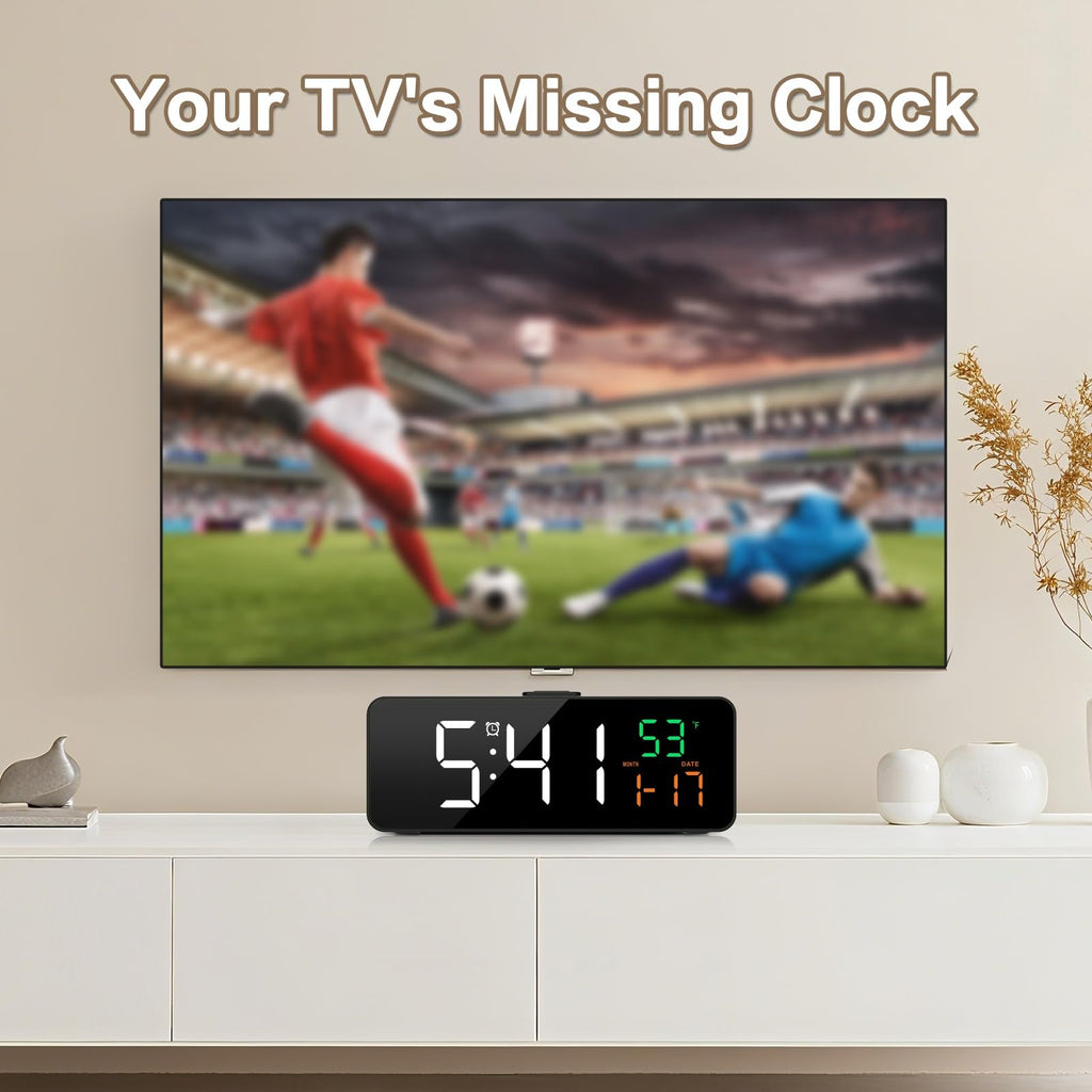 Netzu 3-in-1 Digital Clocks for Living Room with Temperature, Date & Time Display - 4 Levels Birghtness, 3 Volumes, Small Plug-in Alarm Clock for Bedroom, Office (Black)