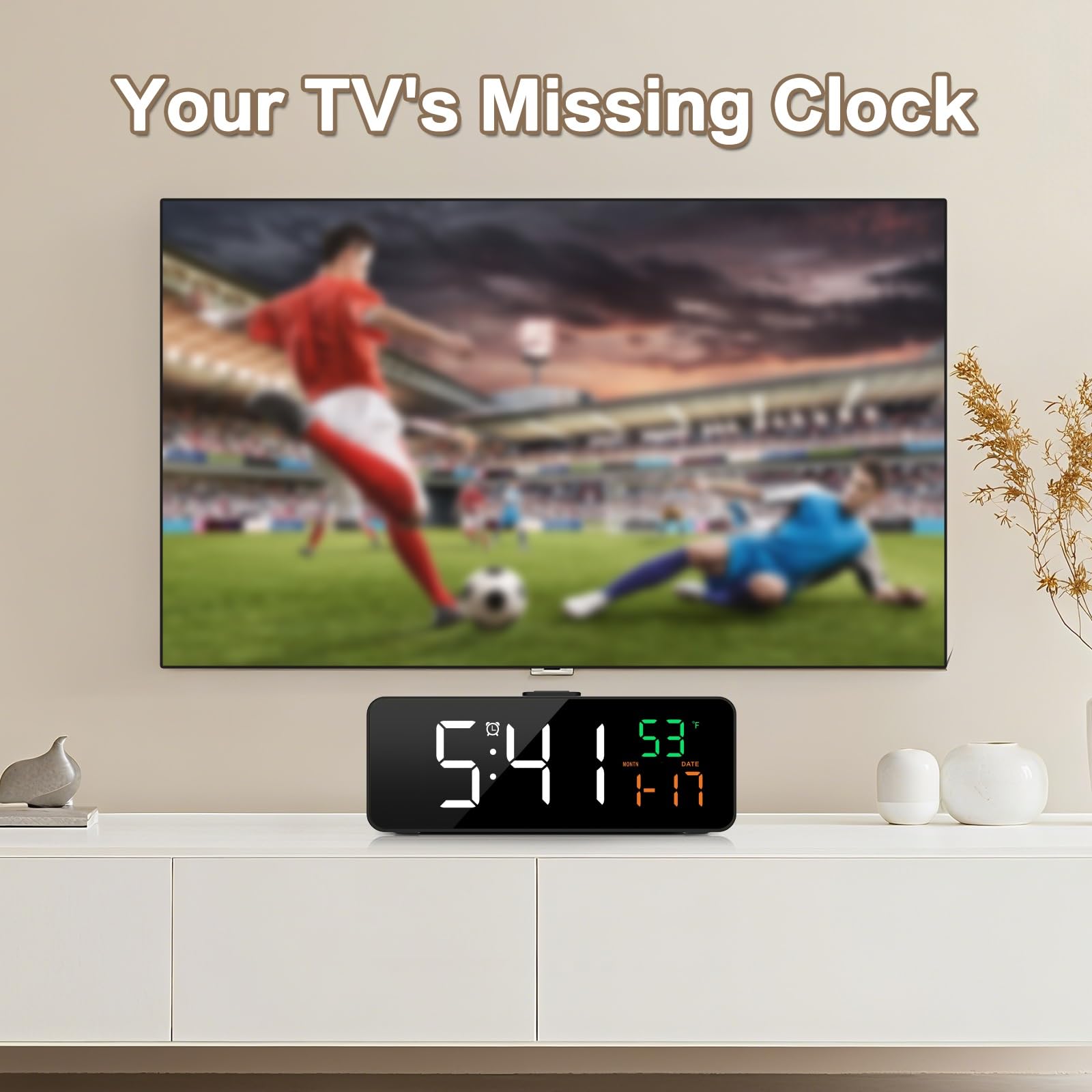 Netzu 3-in-1 Digital Clocks for Living Room with Temperature, Date & Time Display - 4 Levels Birghtness, 3 Volumes, Small Plug-in Alarm Clock for Bedroom, Office (Black)