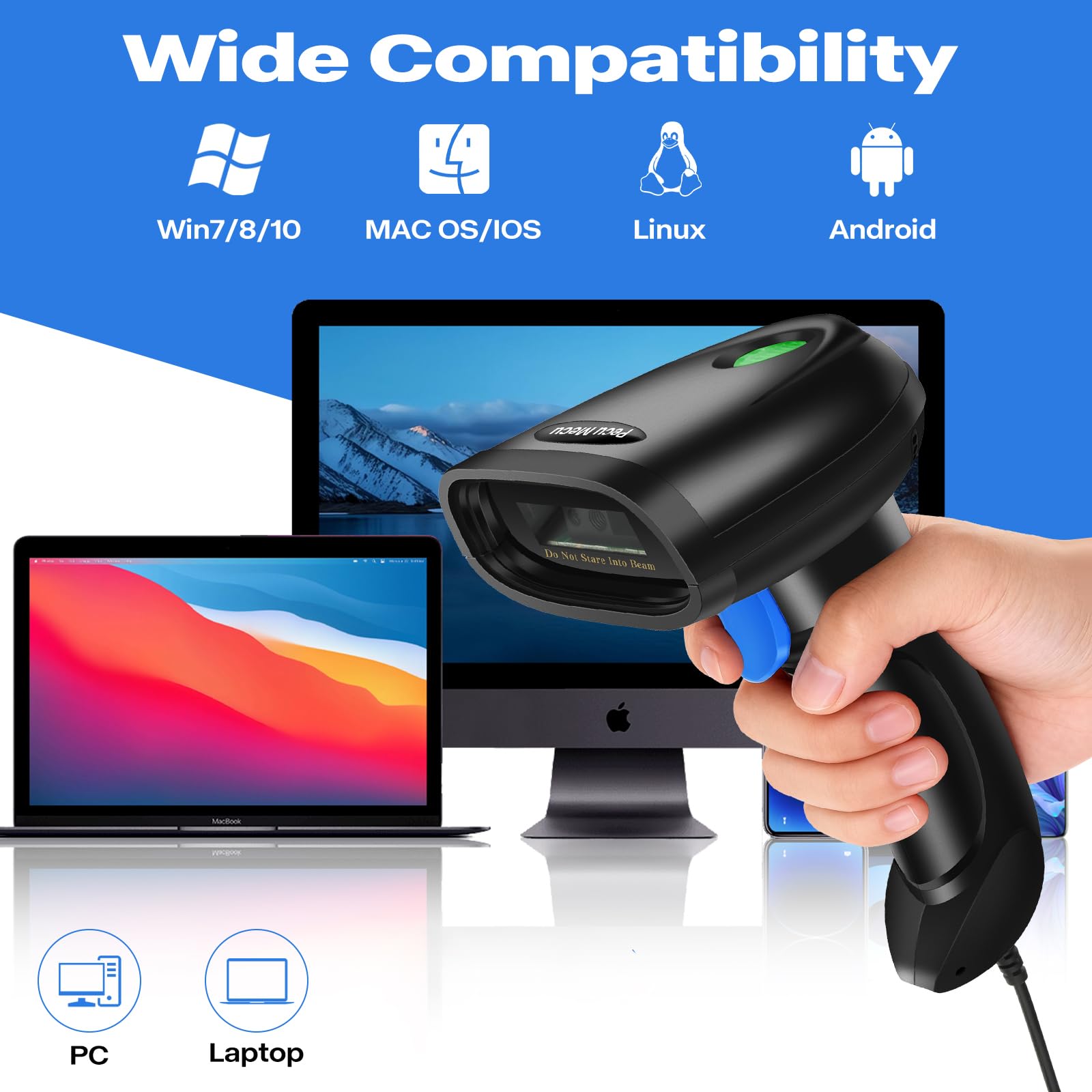 PecuMecu Handheld 1D&2D USB Barcode Scanner, Wired QR Code Scanner PDF417 Data Matrix Bar Code Reader with Long USB Cable for POS Mobile Payment, Convenience Store, Supermarket, Warehouse (TM-10C)