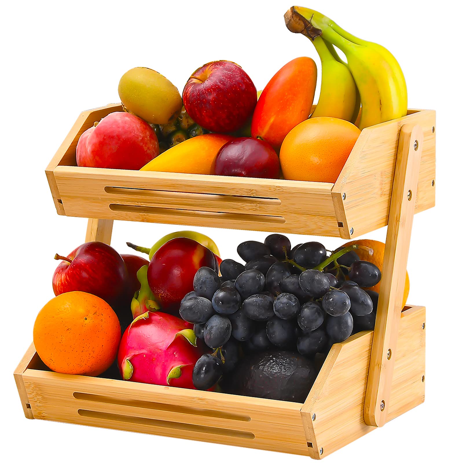 VIKEYHOME 2-Tier Bamboo Fruit Basket, 11" Tall, Multipurpose, Large Capacity, Natural, 15 mm Thickness (Self-Assembly)