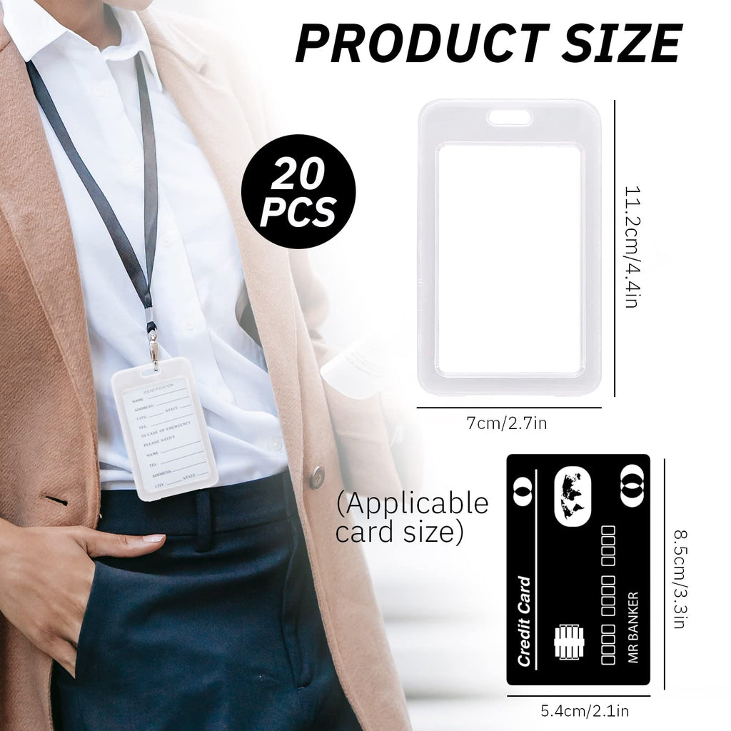 Huakaile 20Pcs Clear Vertical Name Tag Badge Id Card Holders Heavy Duty Transparent Badge Holder Double Sided Hard Rigid Bus Card Holder Case for Lanyard School Office Students