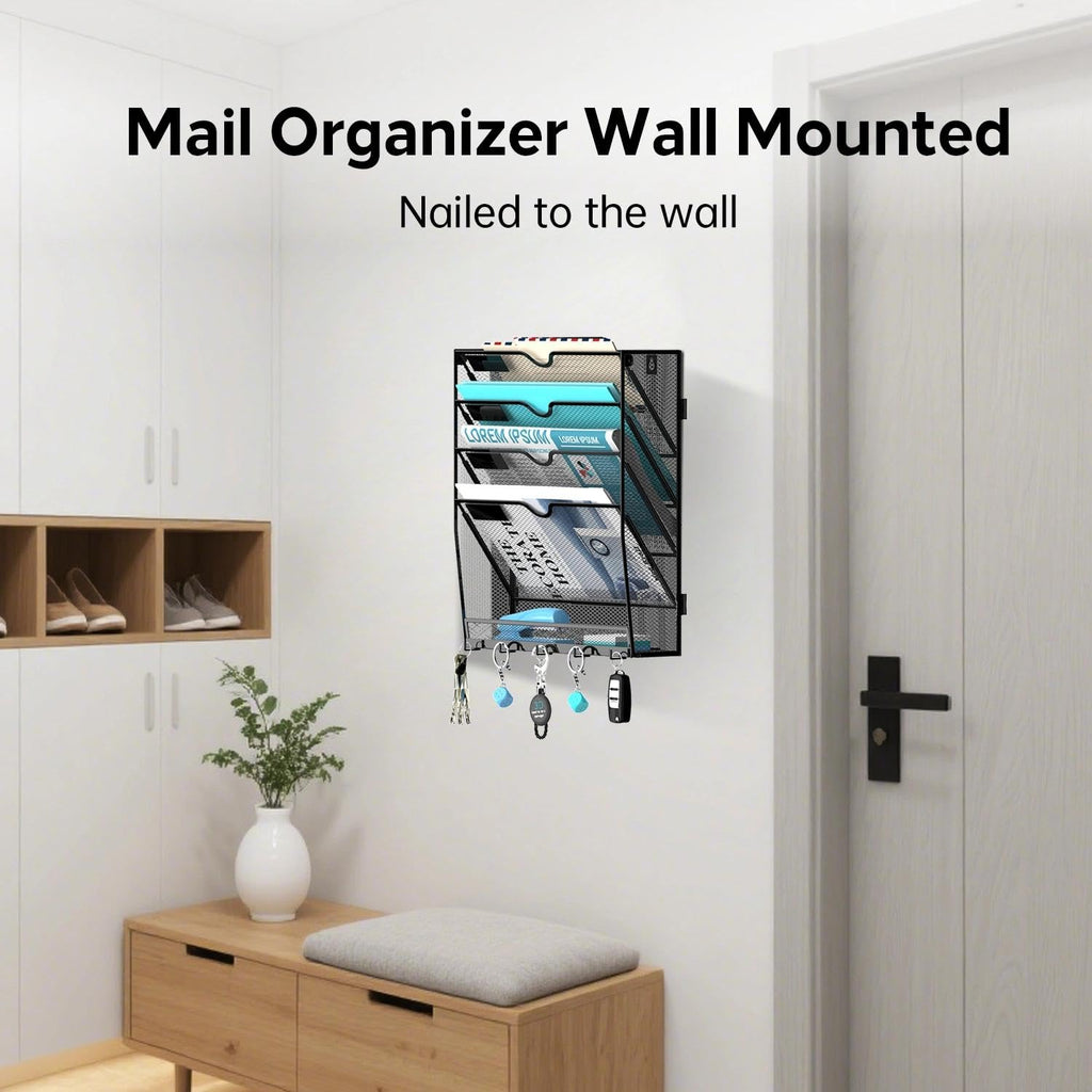 5-Tier Hanging Wall File Organizer with 5 Hooks, File Holder with Labels, Vertical Wall Mount Mail Organizer for Papers, Folders, Magazines, Office Organization, Assembly Needed, Black