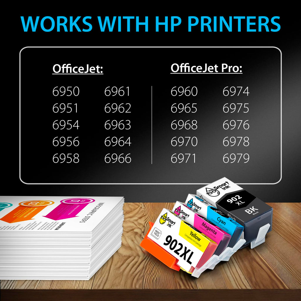Smart Ink Compatible Ink Cartridge Replacement for HP 902XL 902 XL (4 Pack) with Advanced Chip Technology to use with Officejet 6951 6954 6956 6958 6962 6950 Officejet Pro 6968 6974 6975 6978 6960