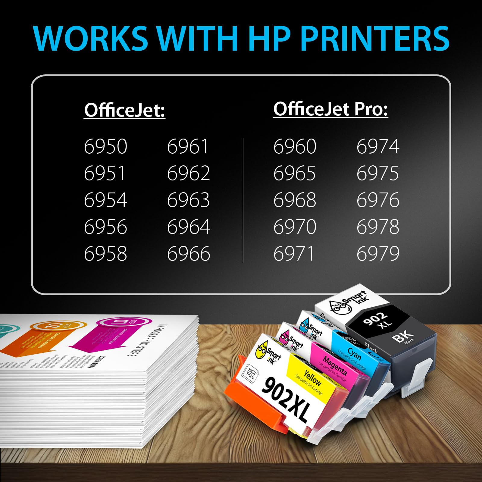 Smart Ink Compatible Ink Cartridge Replacement for HP 902XL 902 XL (4 Pack) with Advanced Chip Technology to use with Officejet 6951 6954 6956 6958 6962 6950 Officejet Pro 6968 6974 6975 6978 6960