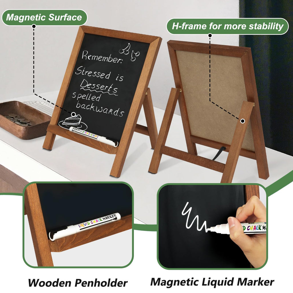 QUEENLINK Magnetic Chalkboard Sign with Stand, 9.5" x 14" Tabletop Wooden Framed Chalk Board, Small Desktop Menu Board for Kitchen Vintage Wedding（Brown）