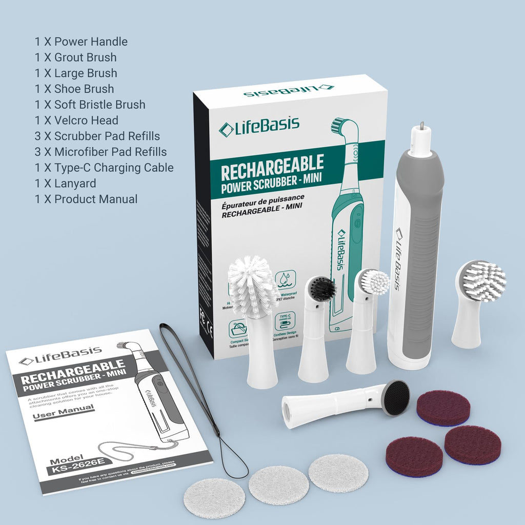 LifeBasis Rechargeable Power Scrubber, Cordless Electric Cleaning Brush, Water Resistant Small Electric Grout Brush with 5 Brushes for Home/Kitchen/Bathroom/Grout/Tile/Shower/Tub, White