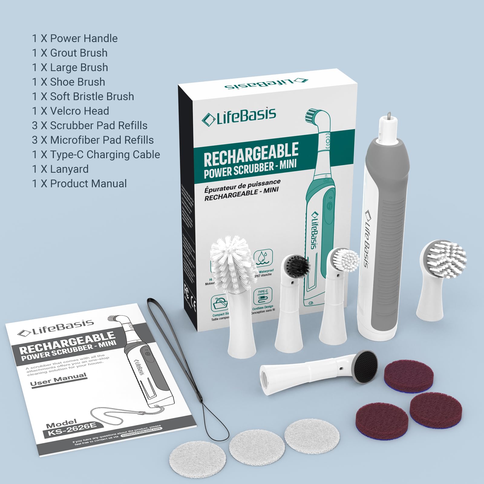 LifeBasis Rechargeable Power Scrubber, Cordless Electric Cleaning Brush, Water Resistant Small Electric Grout Brush with 5 Brushes for Home/Kitchen/Bathroom/Grout/Tile/Shower/Tub, White