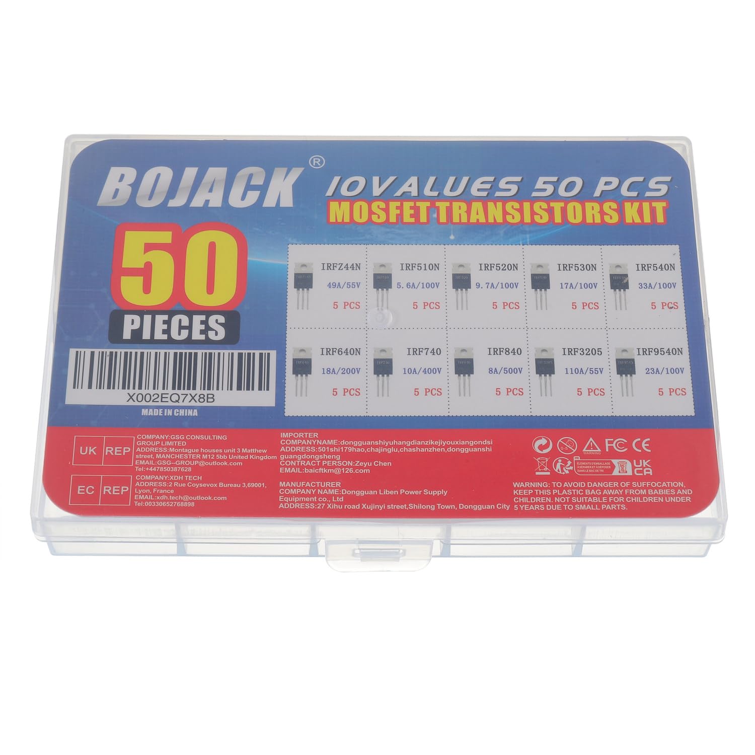 BOJACK 10 Values 50 Pcs IRFZ44N IRF510N IRF530N IRF540N IRF640N IRF740 IRF840 IRF3205 IRF9540 IRF Series transistors MOSFET Assortment Kit