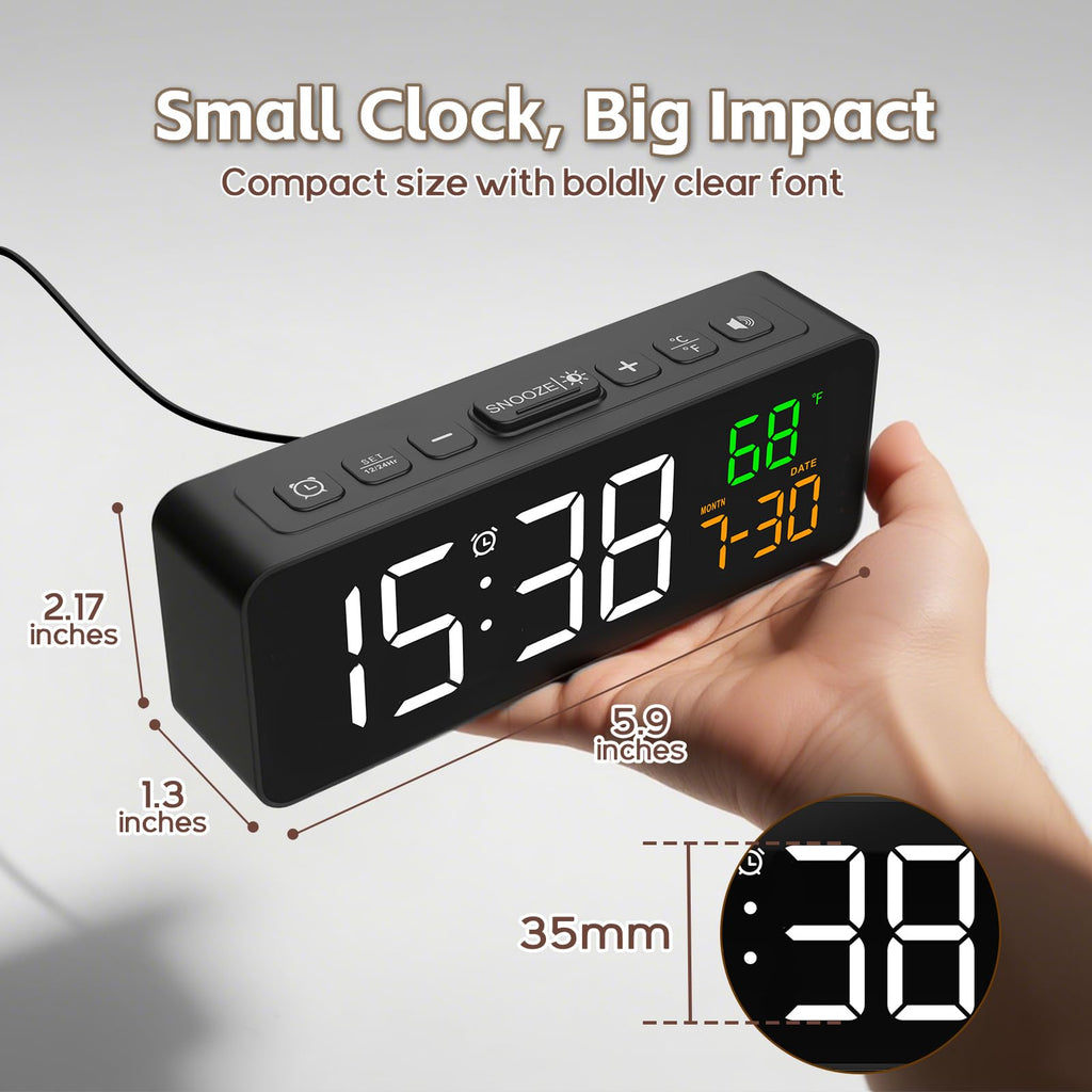 Netzu 3-in-1 Digital Clocks for Living Room with Temperature, Date & Time Display - 4 Levels Birghtness, 3 Volumes, Small Plug-in Alarm Clock for Bedroom, Office (Black)