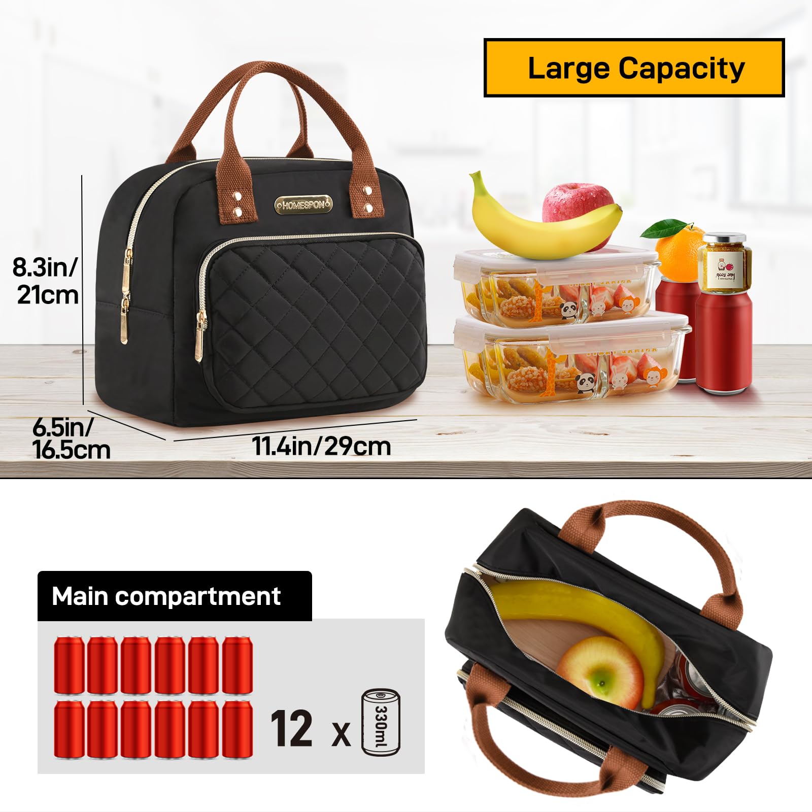 HOMESPON Lunch Bag for Woman Man Adults with Front Pocket Insulated Lunch Tote Lunch Box Container for Work Picnic or Travel(Golden Black)