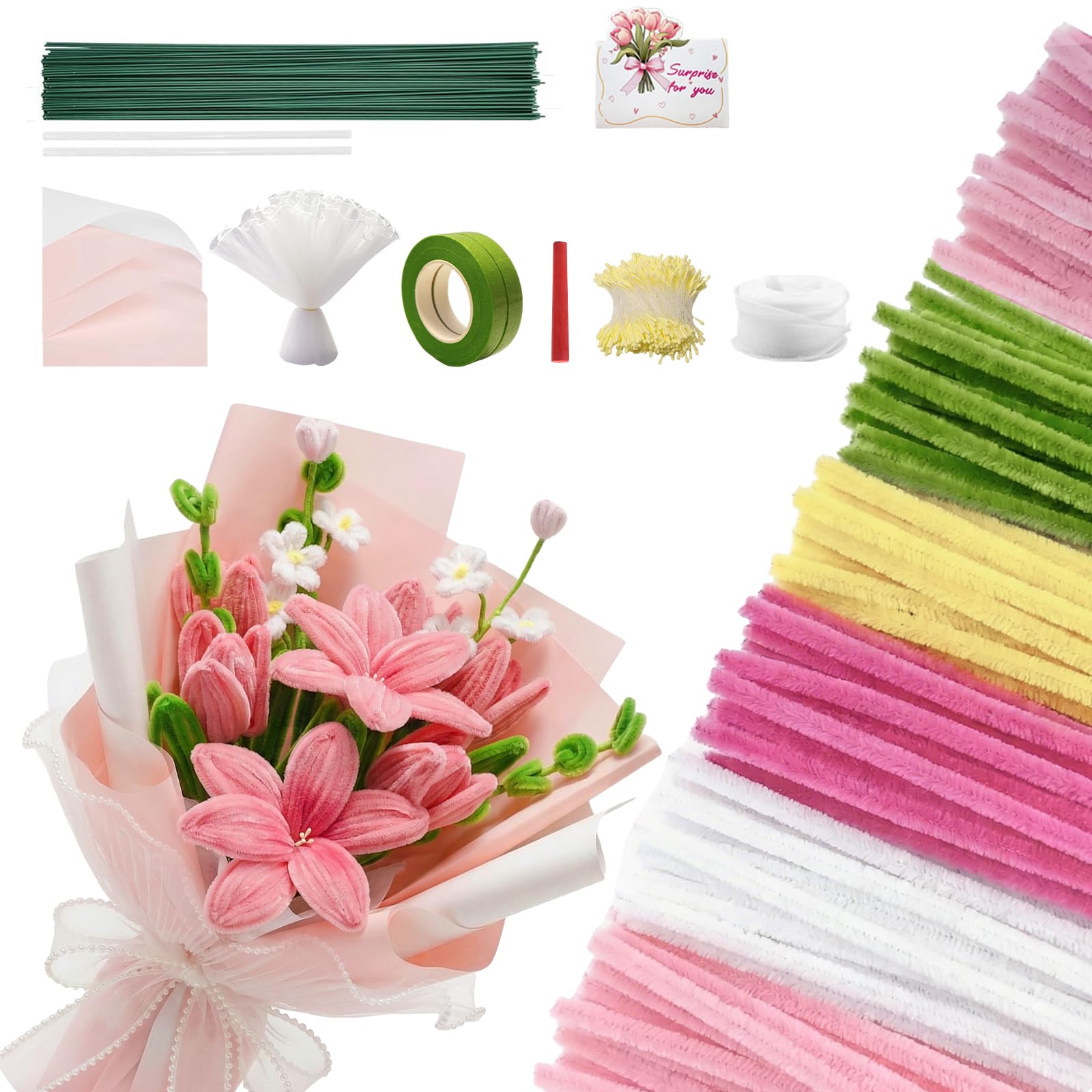 600 PCS Pipe Cleaners Craft, 6 Colors Pipe Cleaner Bulk Flower Kit, Chenille Stems Bulk with Floral Wires, Gardening Tape, Stamen, Wrapping Paper & Ribbon, DIY Art and Craft Supplies - Pink Gradient