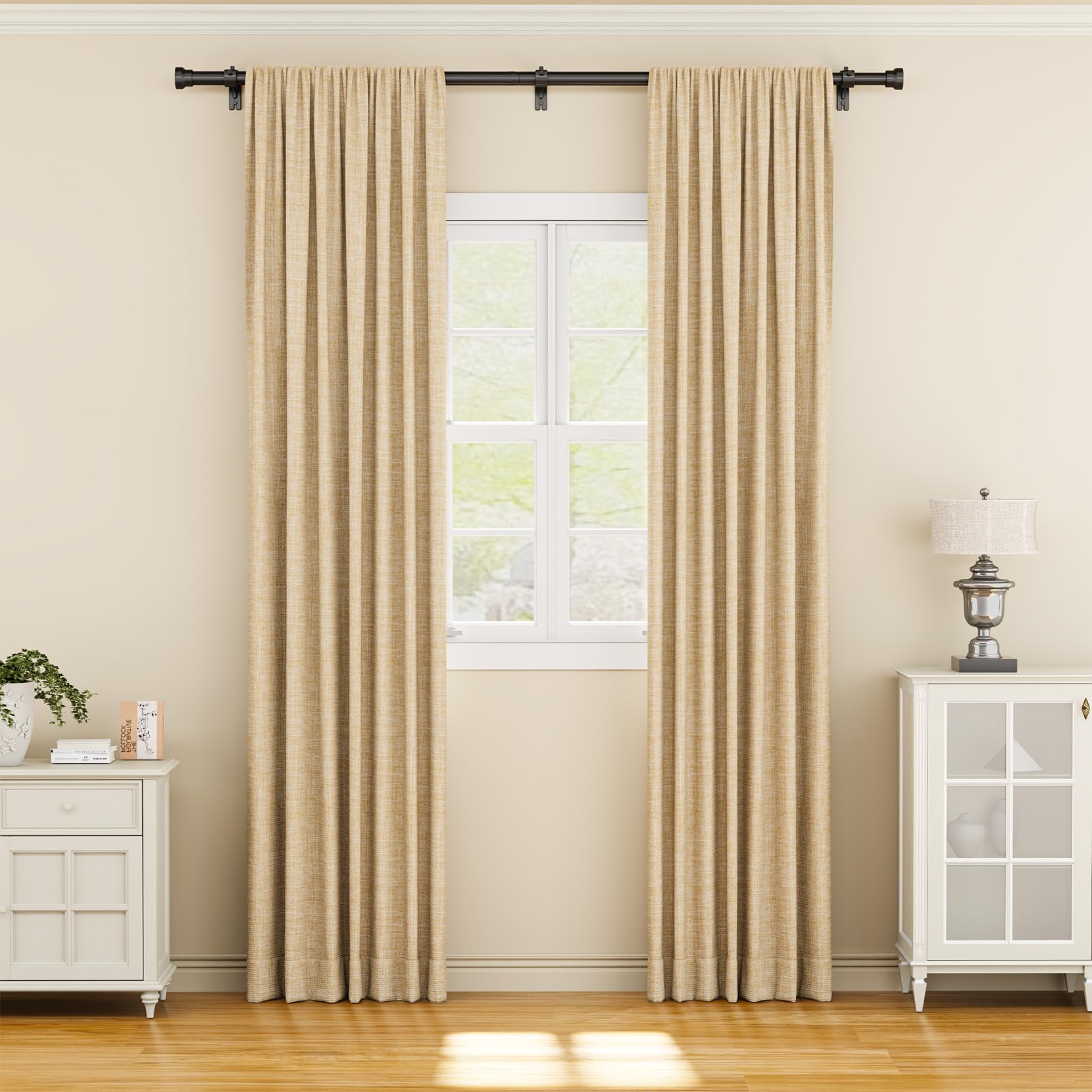 YaFex Curtain Rod 32-84 Inch, Heavy Duty 1 Inch Adjustable Curtain Pole, Black Long Curtains Rods for Window, Modern Design, Easy Installation