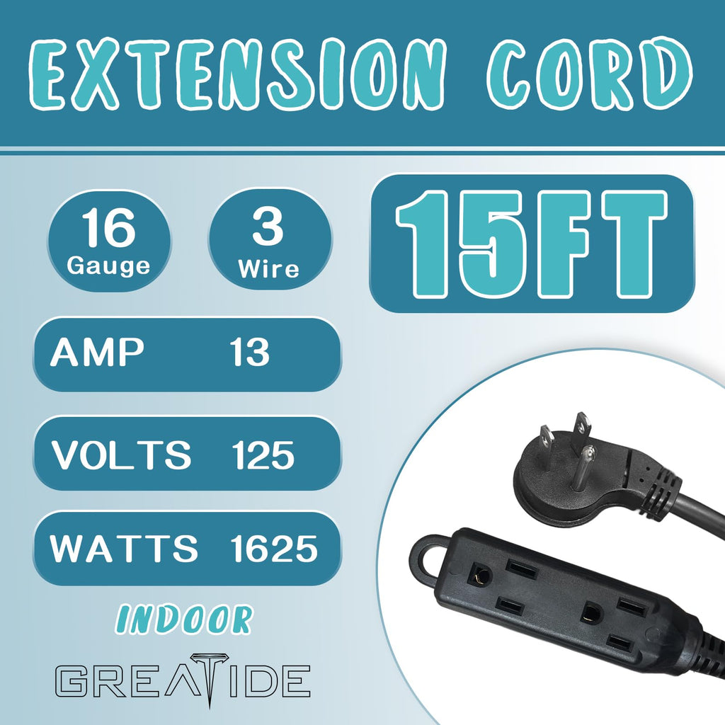 GREATIDE 15 Ft Flat Plug Extension Cord，16/3 SJT Indoor Low Profile 3 Outlets Extension Cable with 45° Angled Flat Plug, Multiple Outlets Extension Cord, Black