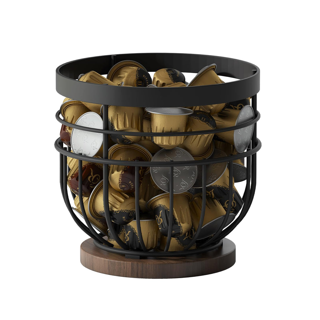 SODSAI Coffee Pod Holder with Wooden Base, Metal Wire Basket K-Cup Organizer, Black Iron, Holds Up to 40 Pods