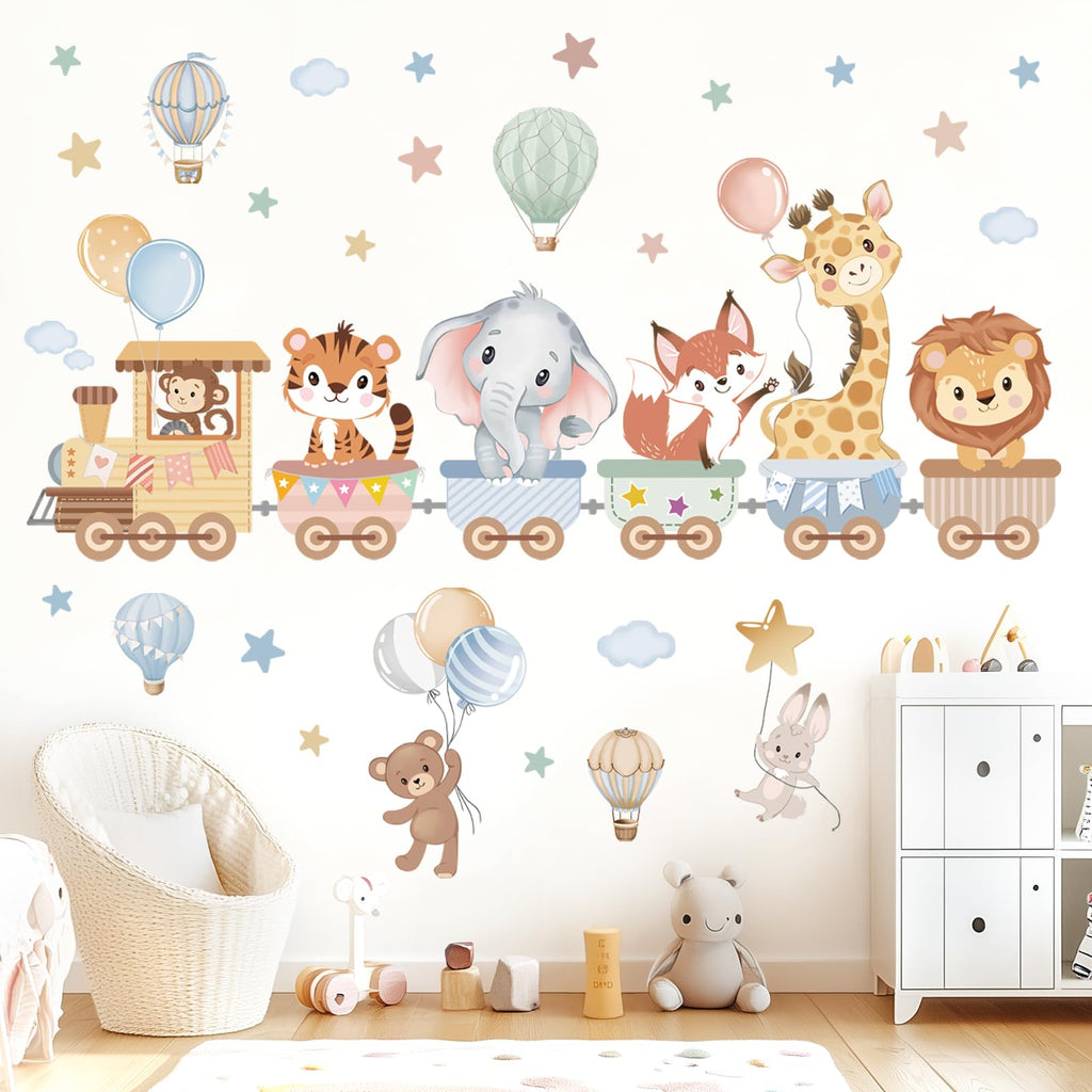 wondever Jungle Animals Train Nursery Wall Decal Hot Air Balloon Animals Elephant Giraffe Peel and Stick Wall Stickers Decor for Kids Room Baby Toddler Room