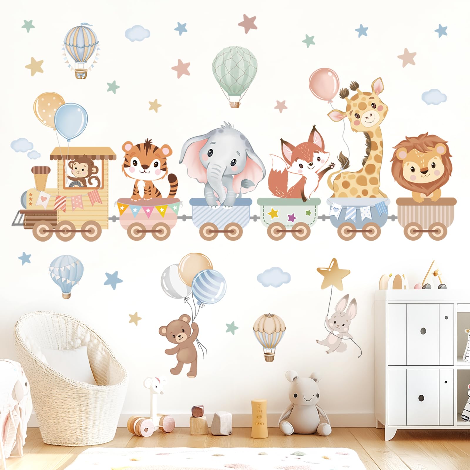 wondever Jungle Animals Train Nursery Wall Decal Hot Air Balloon Animals Elephant Giraffe Peel and Stick Wall Stickers Decor for Kids Room Baby Toddler Room