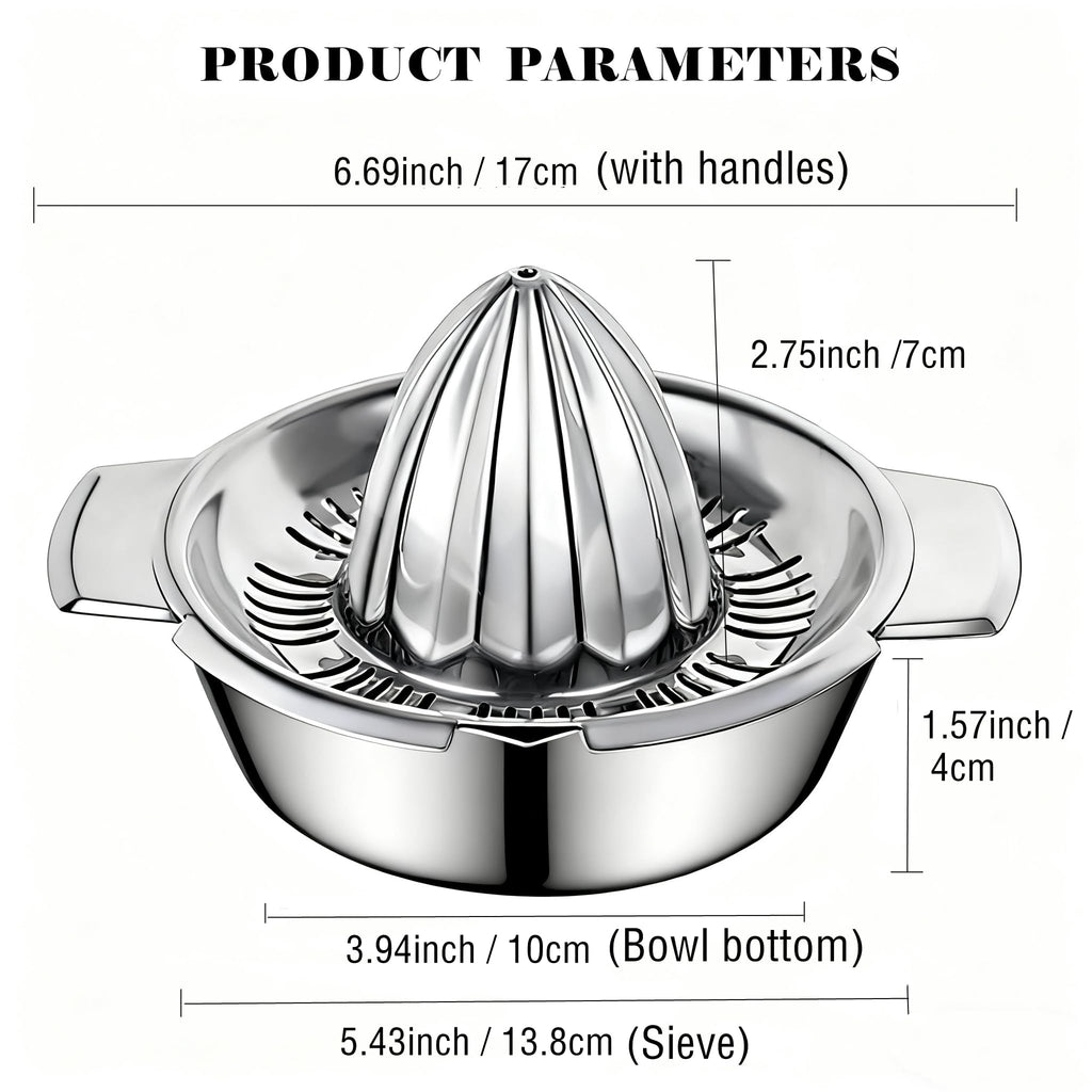 Citrus Lemon Orange Grapefruit Juicer Manual Stainless Steel 304 Anti-Rust Metal Hand Press Fruit Squeezer with Juice Strainer＆12 OZ Bowl with 2 Spouts, Dishwasher Safe, Easy to Clean, Heavy Duty