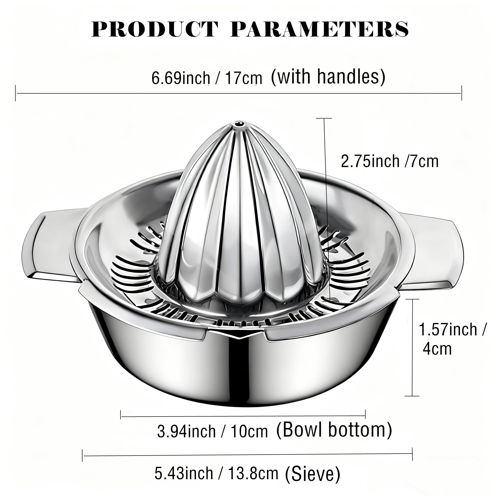 Citrus Lemon Orange Grapefruit Juicer Manual Stainless Steel 304 Anti-Rust Metal Hand Press Fruit Squeezer with Juice Strainer＆12 OZ Bowl with 2 Spouts, Dishwasher Safe, Easy to Clean, Heavy Duty