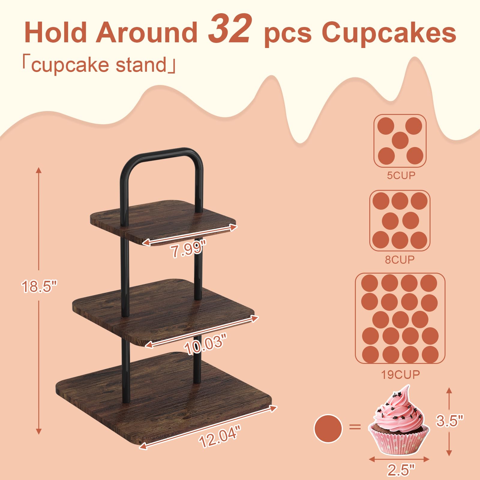 VyGrow 3-Tier Cupcake Stand Wood & Metal Tower Display Premium Holder Dessert Tree Tower for Birthday Cady Bar Decor Weddings, Party Serving Tray, Square Display