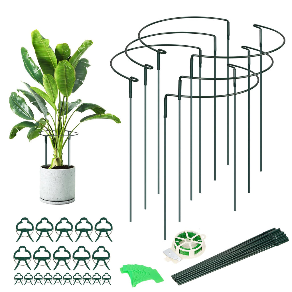 6 Pack Plant Support Stakes, Upgraded Extend Support Poles13-24 in, Metal Half Round Plant Support Ring with 10 Clips + 30m Ties +10 Label Inserts for Peonies, Tomatoes, Peonies Indoor/Outdoor