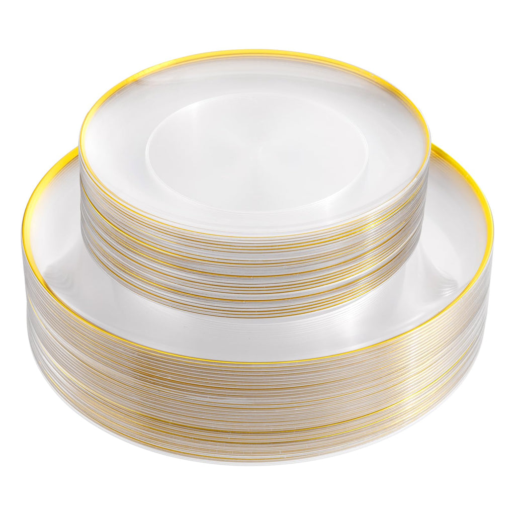 LIYH 60 Pcs Clear and Gold Plastic Plates Heavy Duty Clear Disposable Plates for Party Gold Plastic Plate for Wedding Birthday Include 30 Dinner 30 Dessert Plate