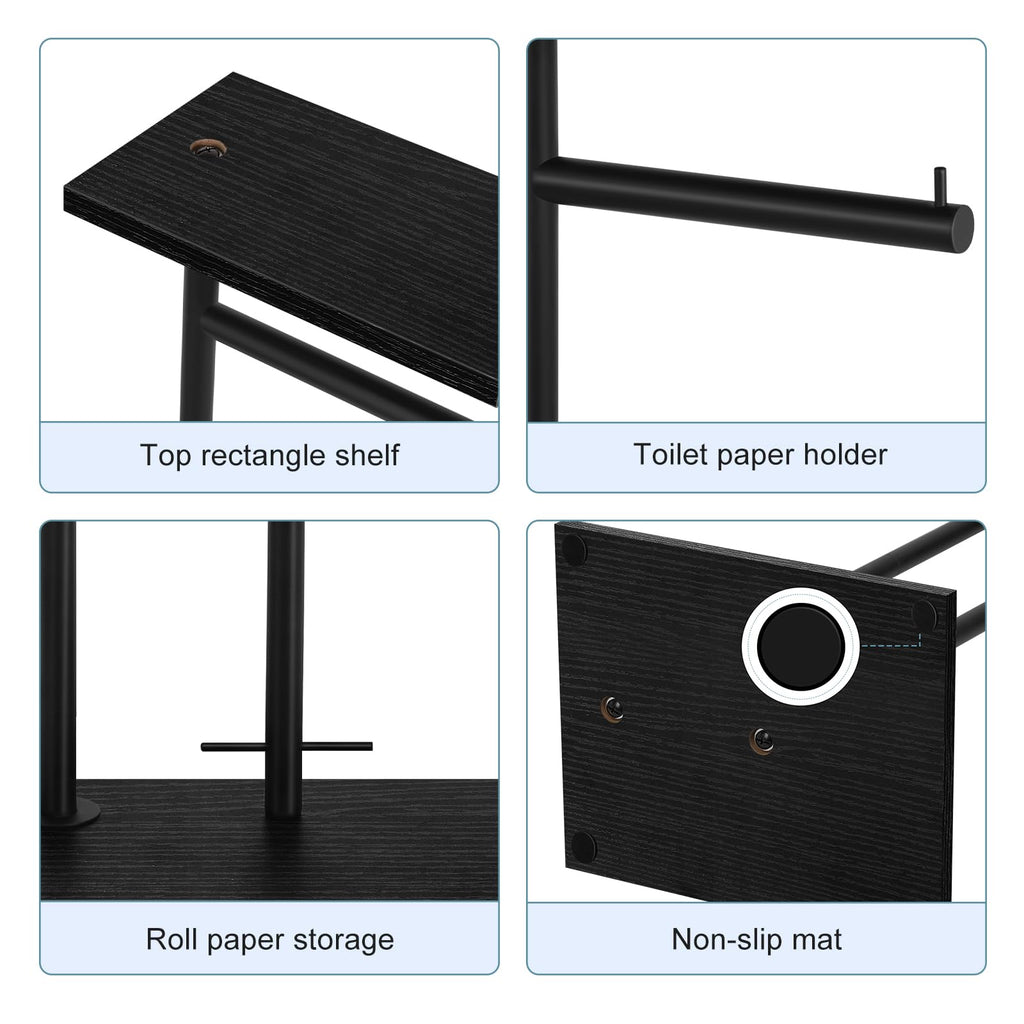 YBING Toilet Paper Holder Stand with Top Storage Shelf Black Toilet Roll Paper Holder Free Standing Tissue Holder Stand Bathroom Standing Toilet Roll Dispenser Storage Wood