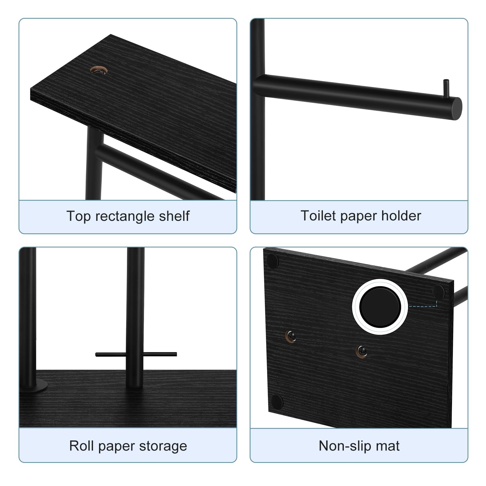 YBING Toilet Paper Holder Stand with Top Storage Shelf Black Toilet Roll Paper Holder Free Standing Tissue Holder Stand Bathroom Standing Toilet Roll Dispenser Storage Wood