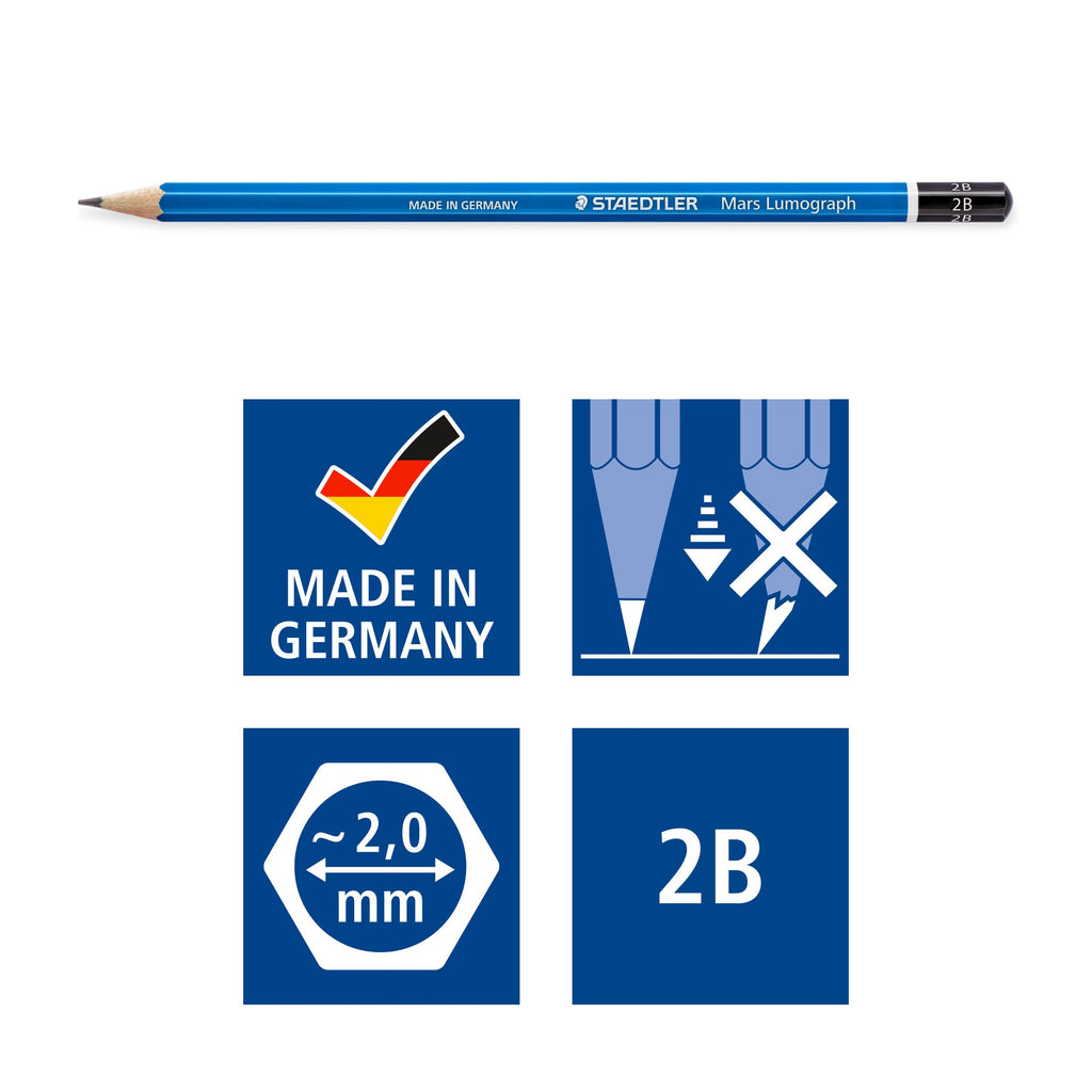 STAEDTLER Mars Lumograph 2B Graphite Art Drawing Pencil, Medium Soft, Break-Resistant Bonded Lead, 12 Pack, 100-2B (100-2B VE)
