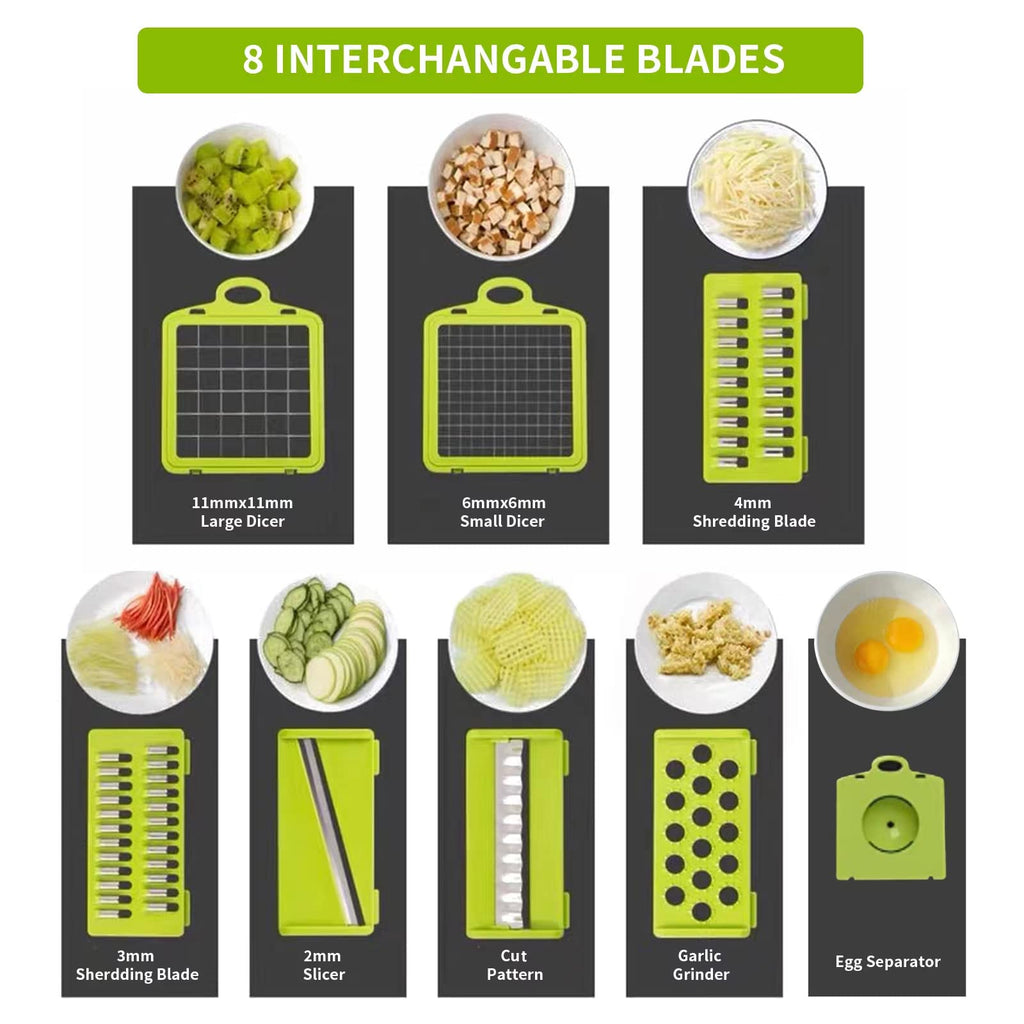 Vegetable Chopper Cutter Slicer Multifunctional 13-in-1 Food Veggie Onion Potato Fruit Chopper Cutter Dicer with Container, 8 Interchangable Blades, Hand Protector, Drain Strainer, Cleaning Brush