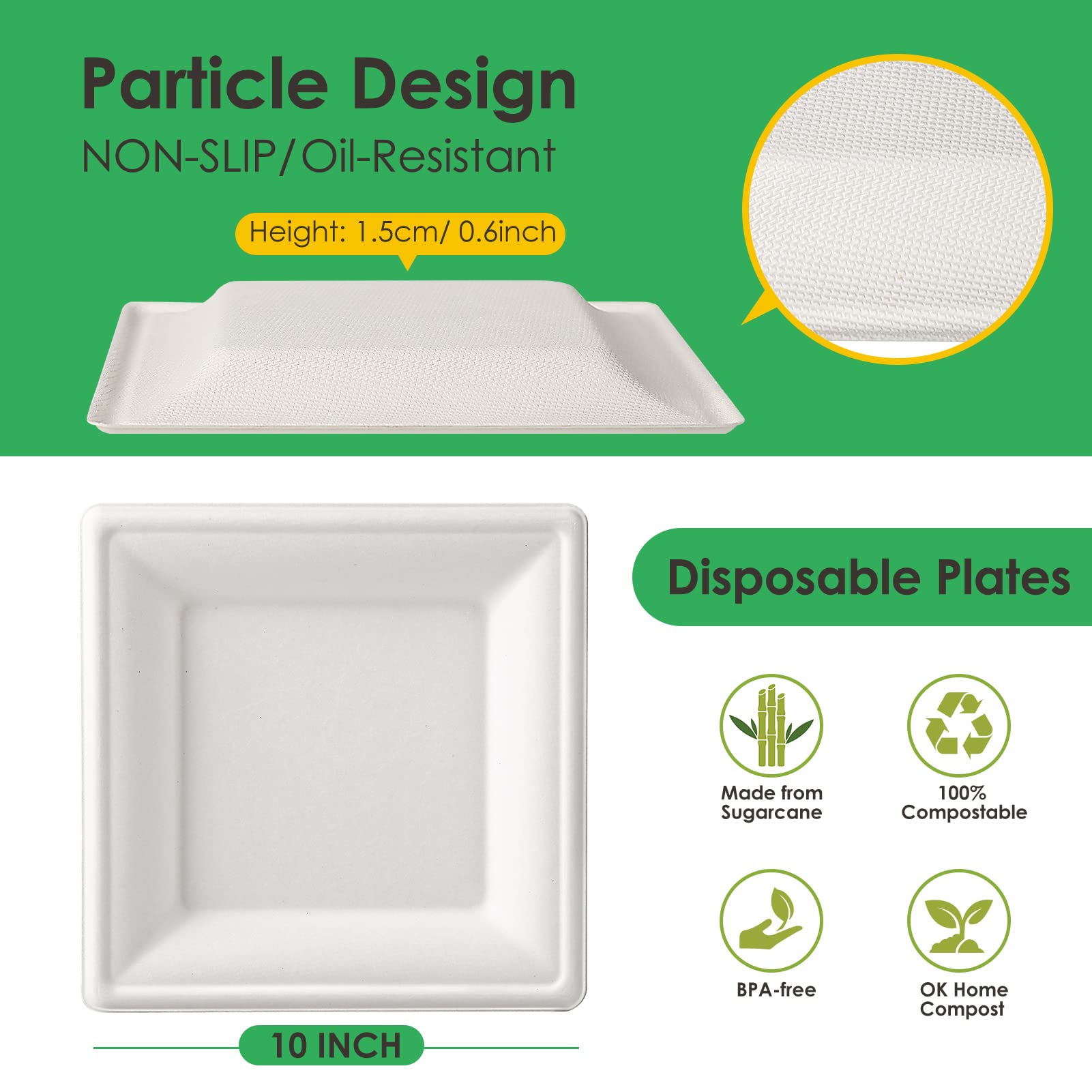 Gezond Compostable Square Plates 10 Inches, 100pcs Disposable Paper Plates, Eco-Friendly Heavy Duty Biodegradable Sugarcane Plates for Party, White
