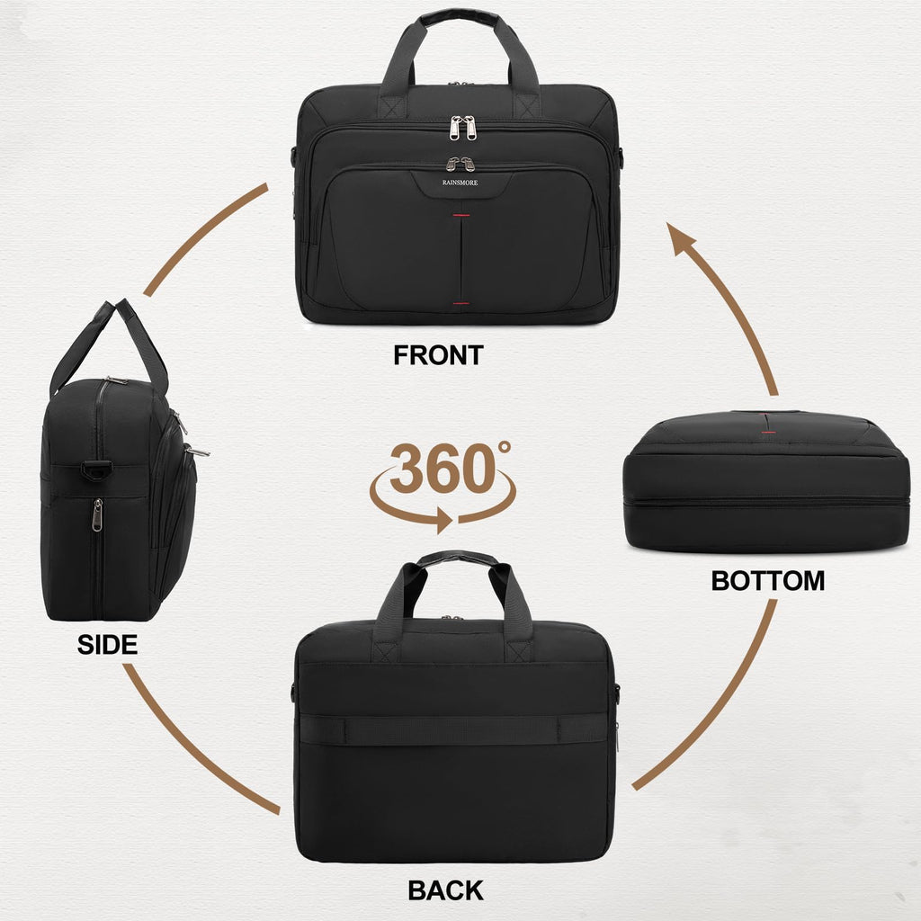 RAINSMORE 17.3 Inch Laptop Bag Expandable Briefcase for Men Large Water-Resistant Computer Messenger Bag Laptop Carrying Case for Work, Office, Travel, Black