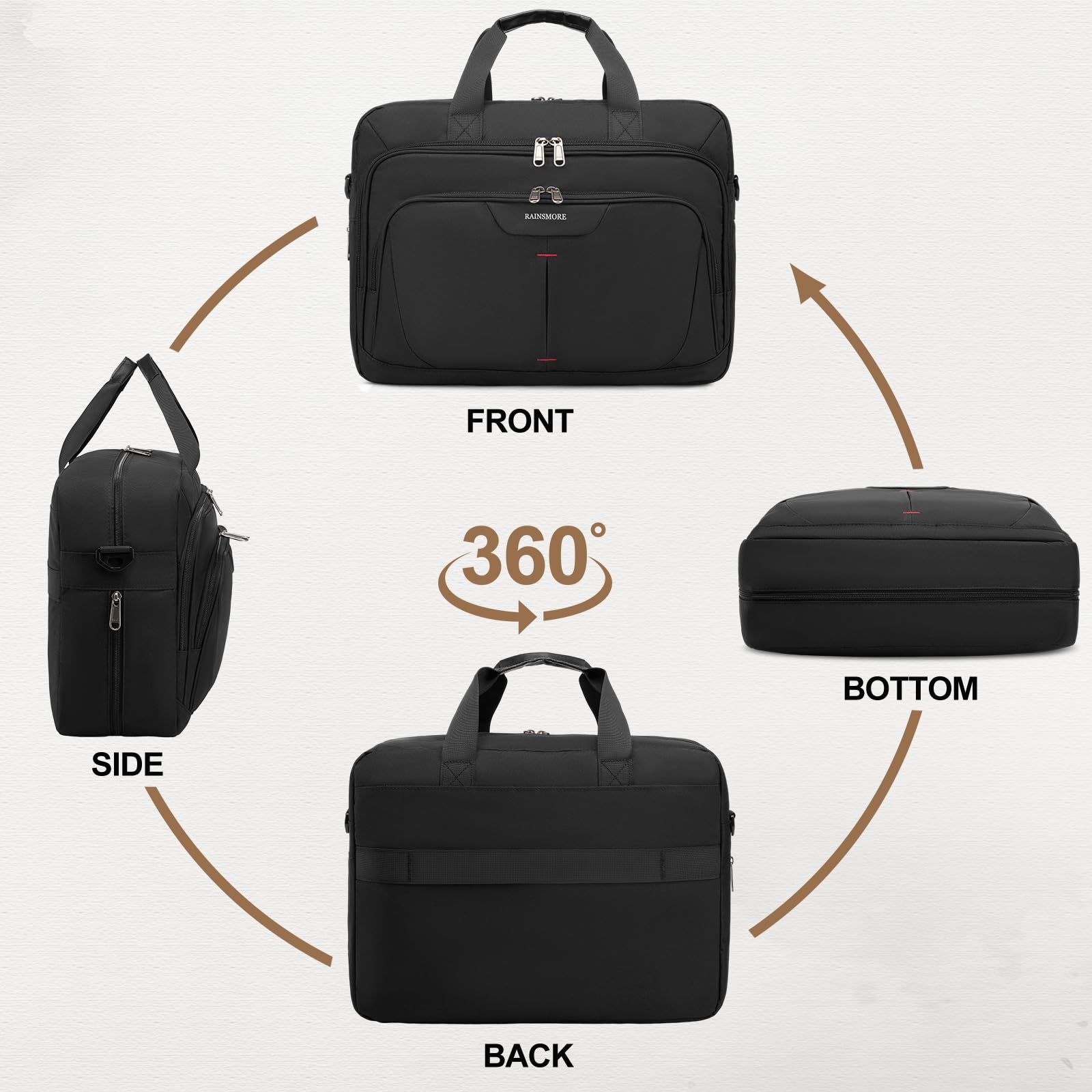 RAINSMORE 17.3 Inch Laptop Bag Expandable Briefcase for Men Large Water-Resistant Computer Messenger Bag Laptop Carrying Case for Work, Office, Travel, Black