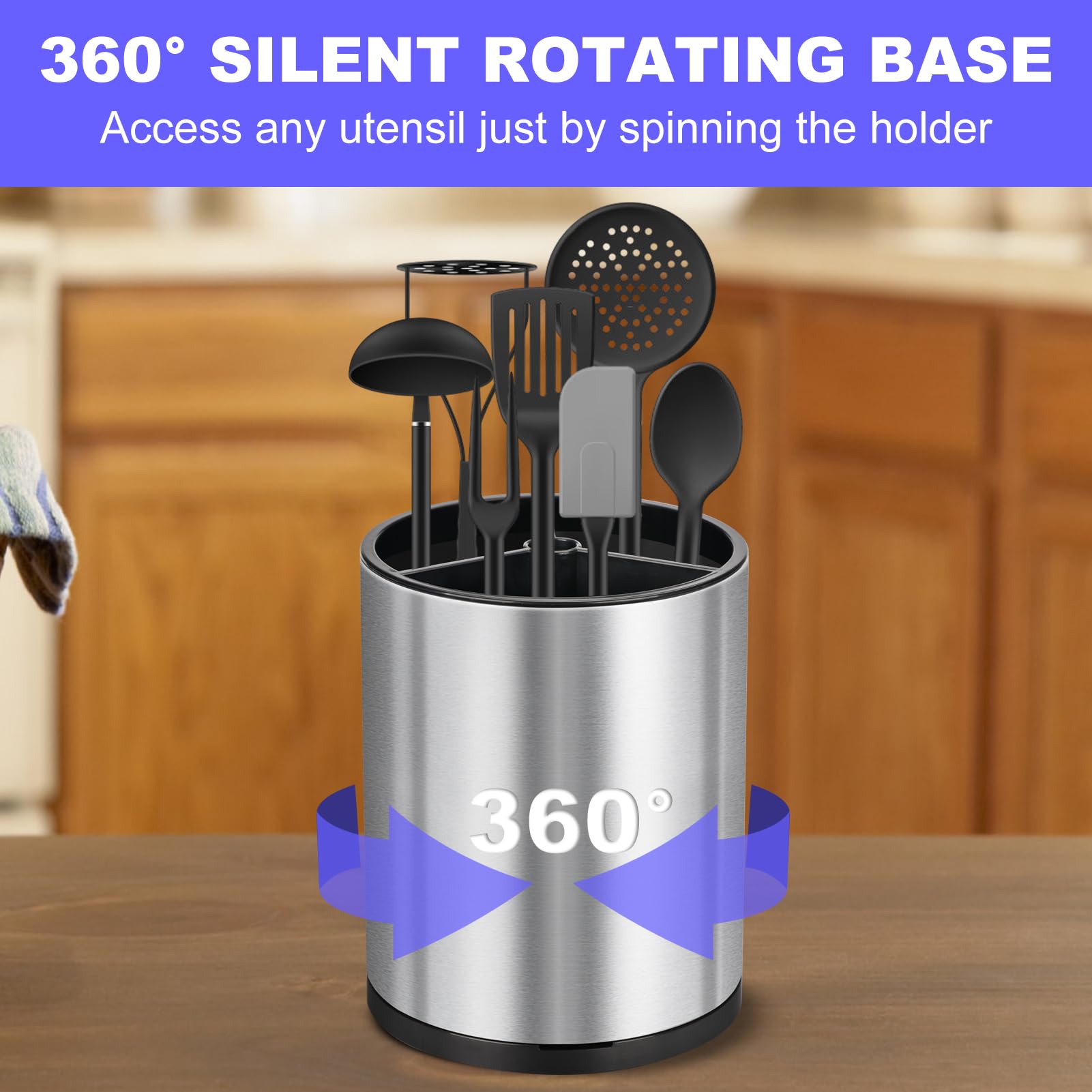 Kitchen Utensil Holder for Counter, Rotating Stainless Steel Utensil Organizer with Drainage Tray, 360°Rotating, Removable Divider, Large Cooking Utensil Crock