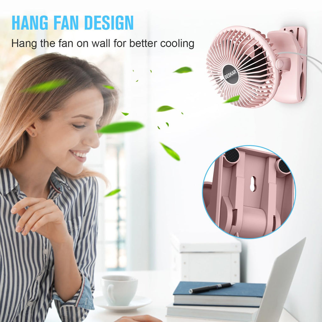 BESKAR USB Powered Clip on Fan, Portable Small Fan with Cord, 3 Speeds Strong Airflow, Personal Fan with Sturdy Clamp, Quiet Desk Fan & Clip Fan