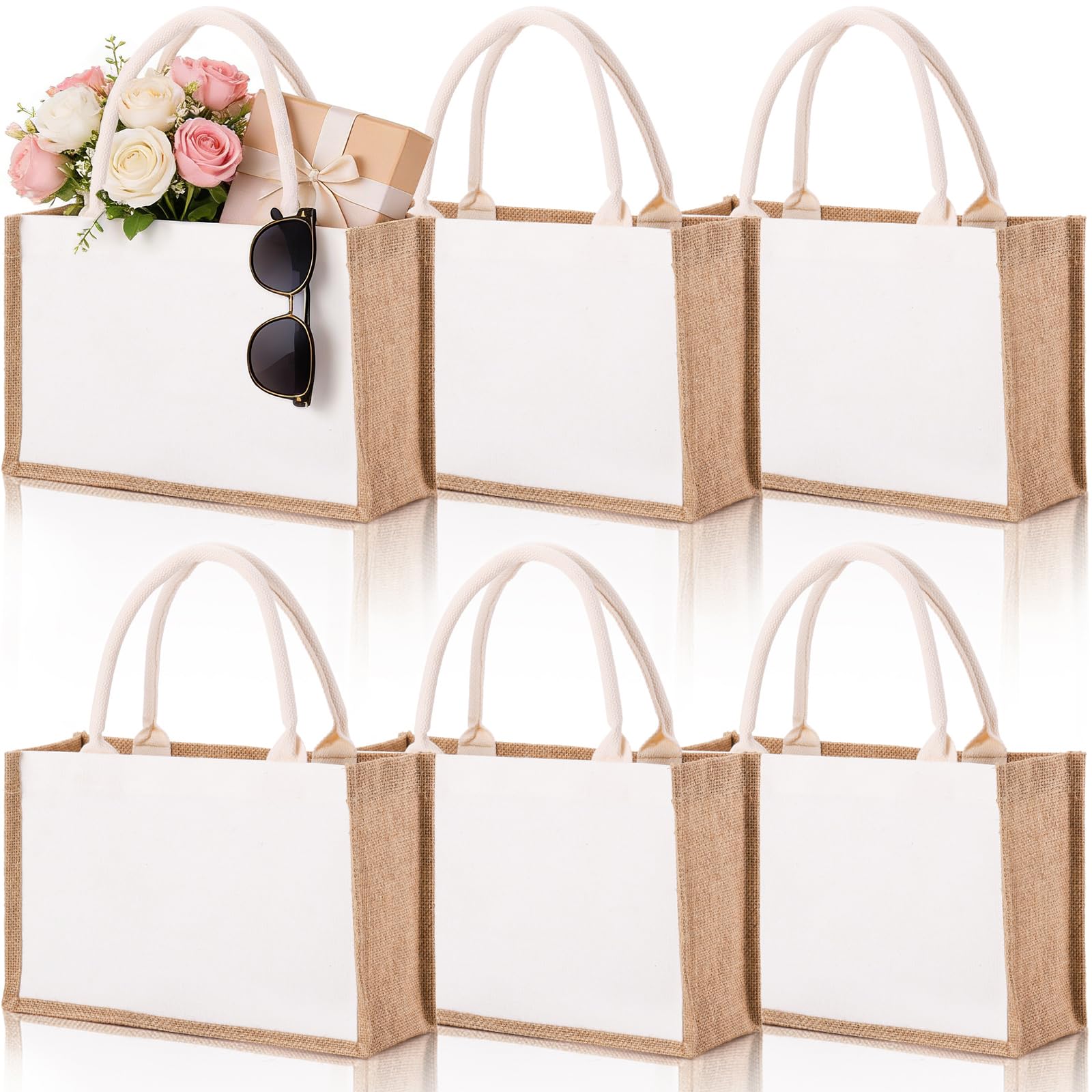 SOUJOY 6 Pack Burlap Tote Bag, Reusable Jute Gift Tote with Handles, Beach Tote Bags for Women, 14.7''x9.8''x4.5'' Canvas Grocery Shopping Tote for Bridesmaid, DIY, Shopping,Wedding Gift Bag