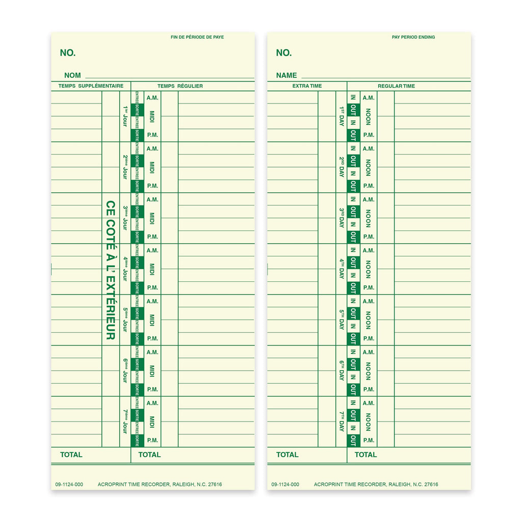 Acroprint Weekly Timecards- 09-1124-000 for ES900/125/150 Models. Bilingual 250 Pack