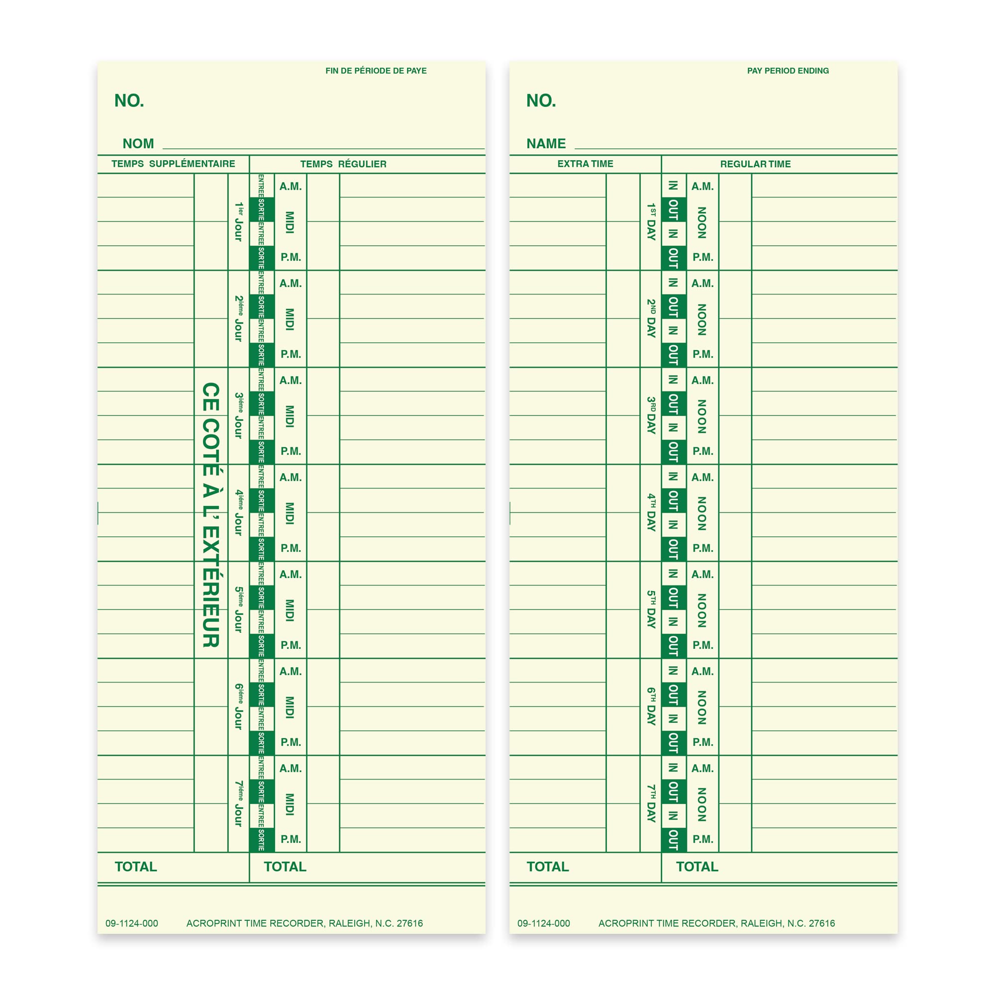 Acroprint Weekly Timecards- 09-1124-000 for ES900/125/150 Models. Bilingual 250 Pack