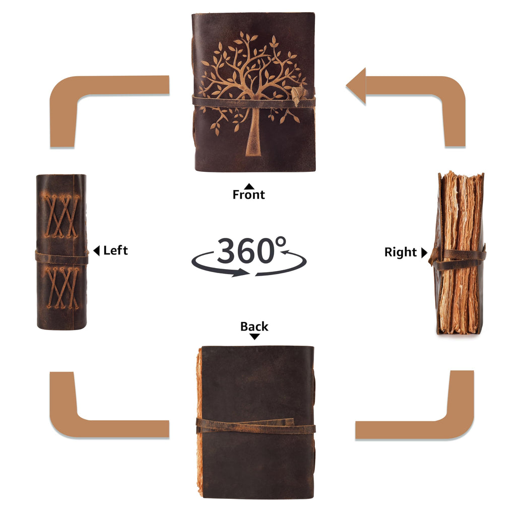 LEATHER VILLAGE Tree of Life Journal - 8 X 6 inches - Brown - 200 Antique Deckle Edge Handmade Paper – Book of Shadows - Vintage Leather Bound Journal for Women & Men