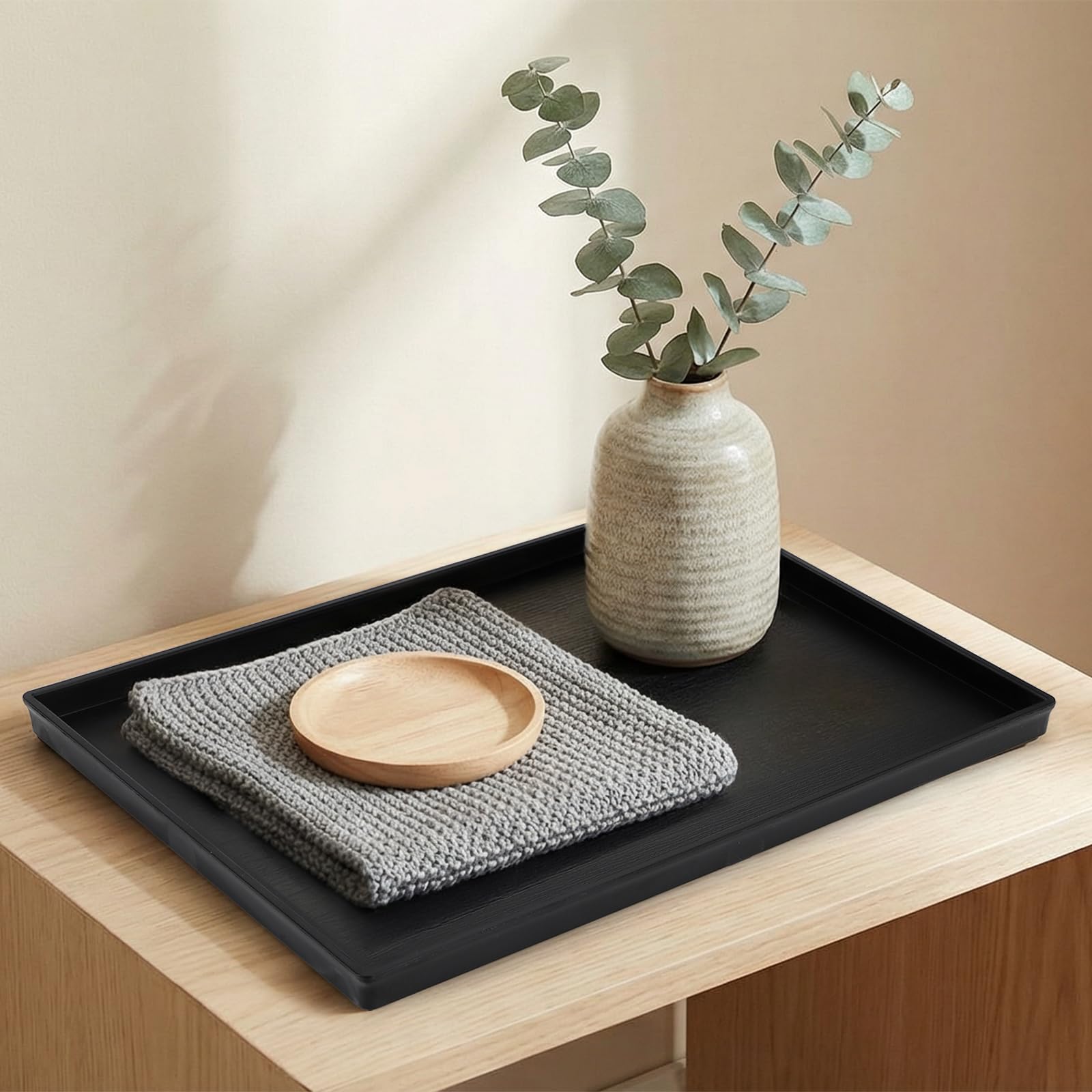 Cedilis 2 Pack Rectangular Serving Trays, Non-Slip Multi-Purpose Plastic Tray for Coffee Table, Parties, 2 Different Sizes, Black