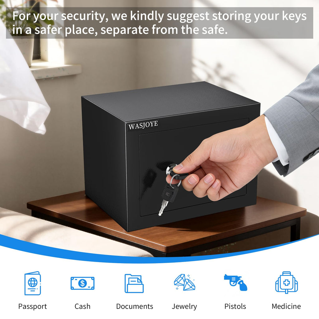 WASJOYE Home Cabinet Safe Box, Key Lock Coffre Fort High Security Safety Box, 0.5 Cubic Feet Steel Safes for Home/Office/Hotel, Cabinet Safe Box for Money Cash Jewelry Medicine Passport